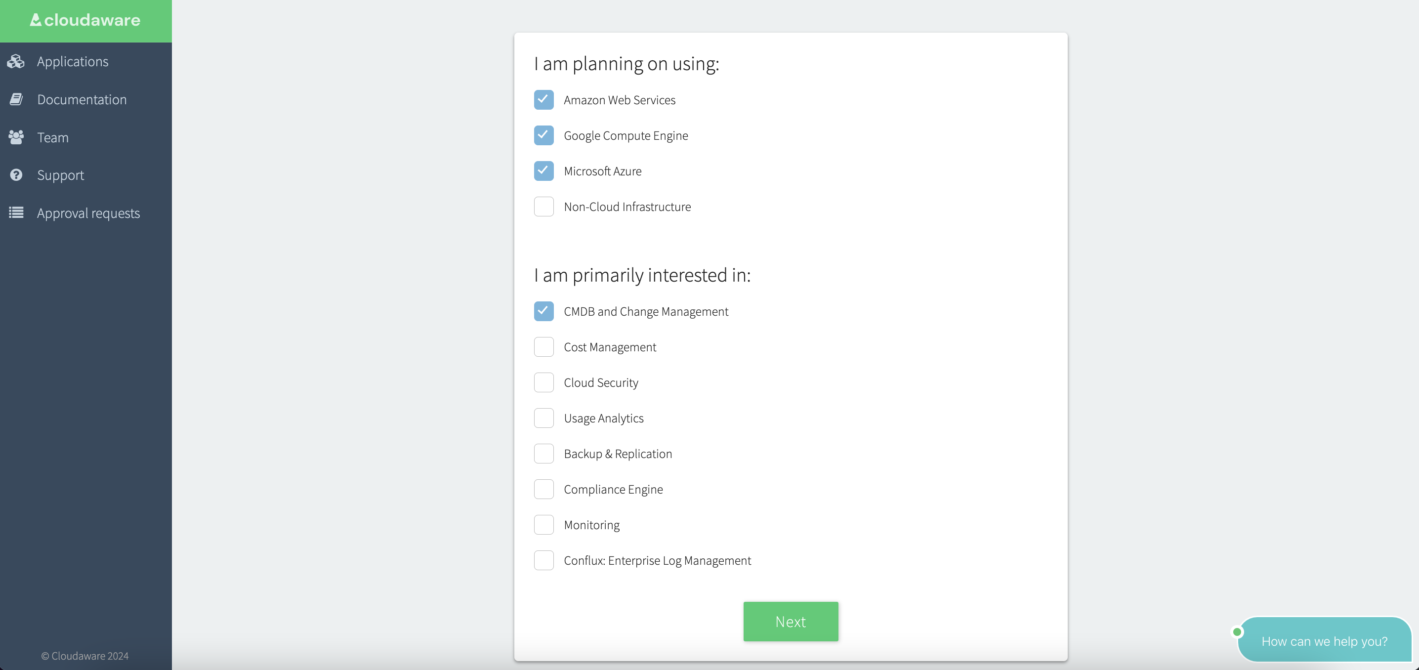 Starting Cloudaware trial - select clouds and modules.png