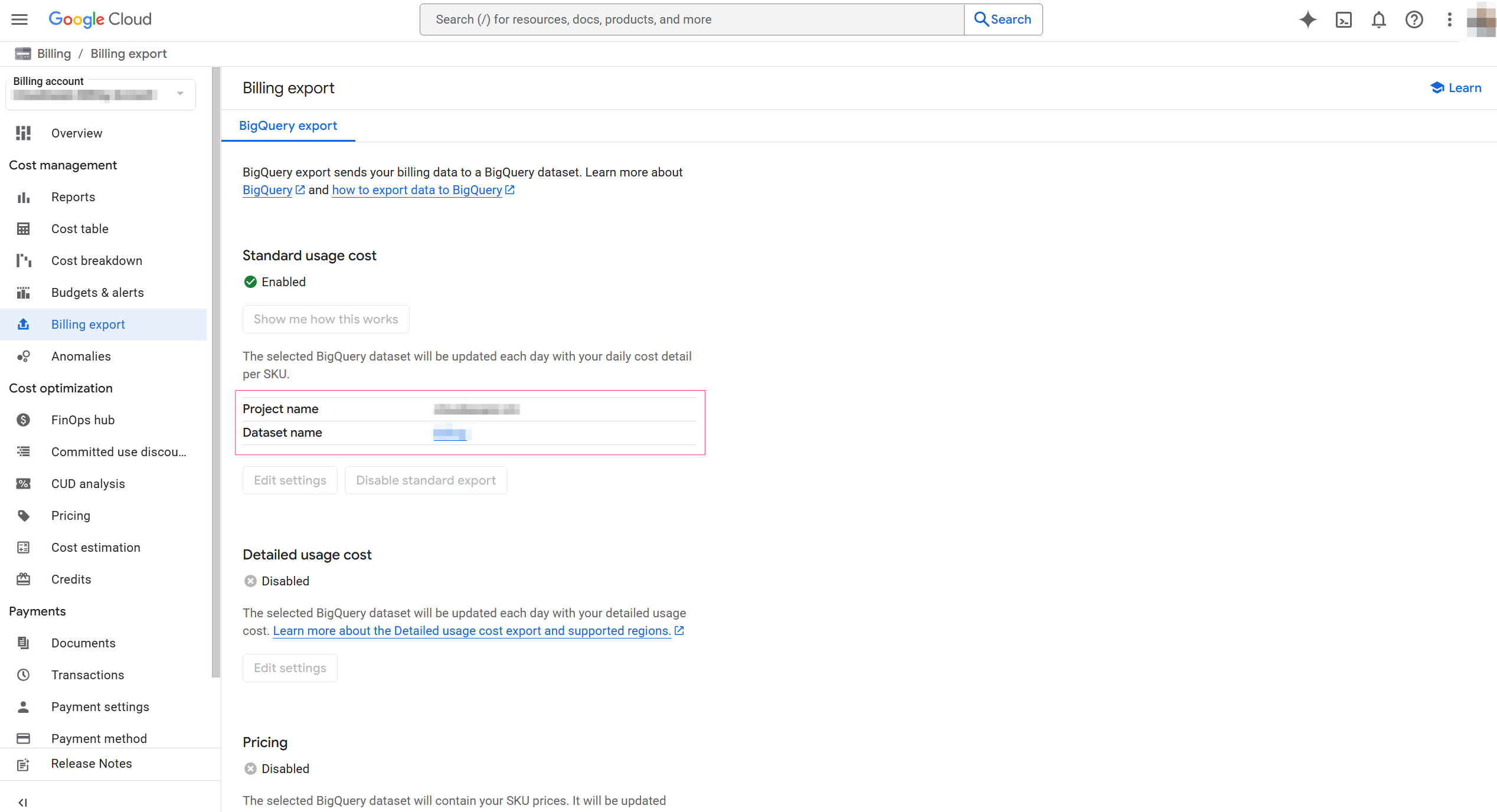 Google billing - setup in Google - select a usage cost.png