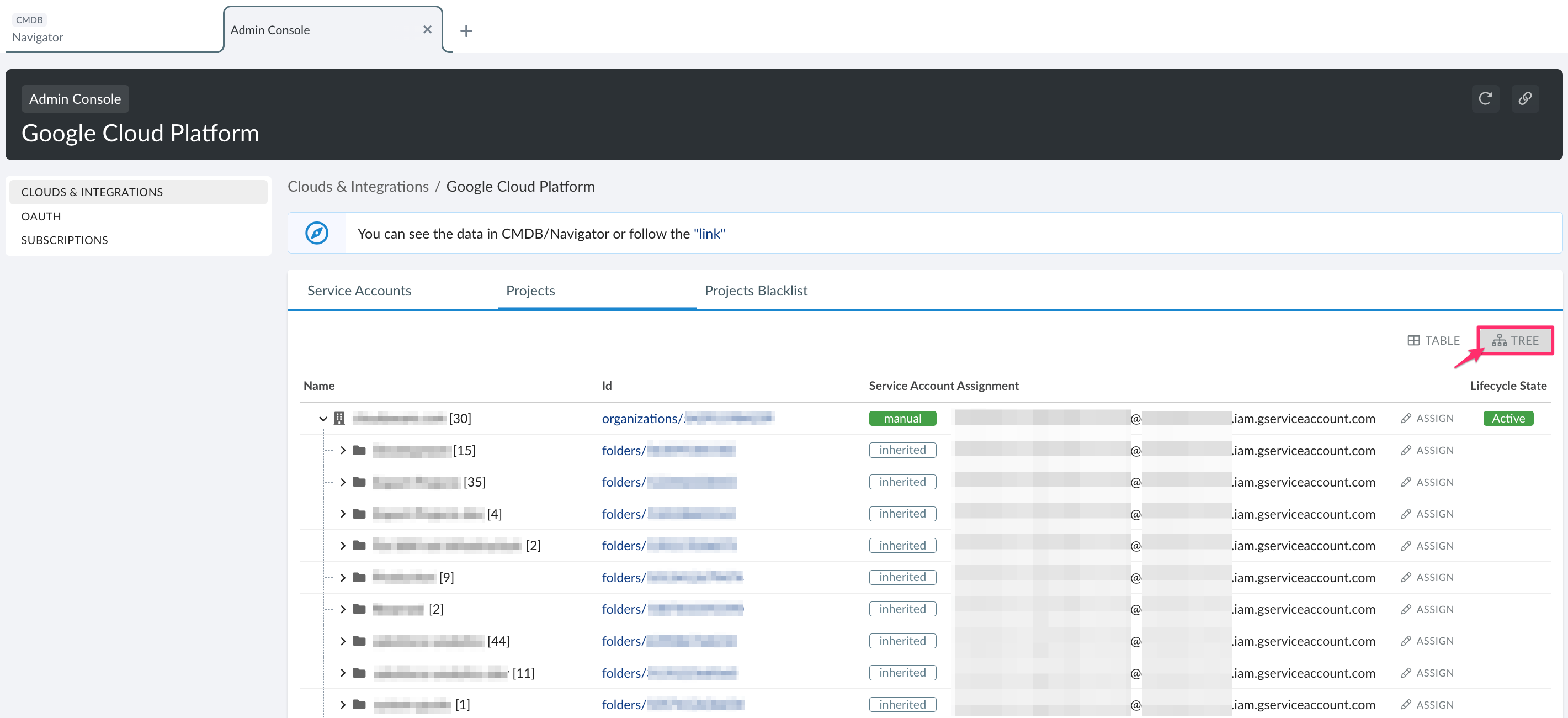 Google Cloud Platform - Managing Projects and Service Accounts - Projects - Table-Tree view.png