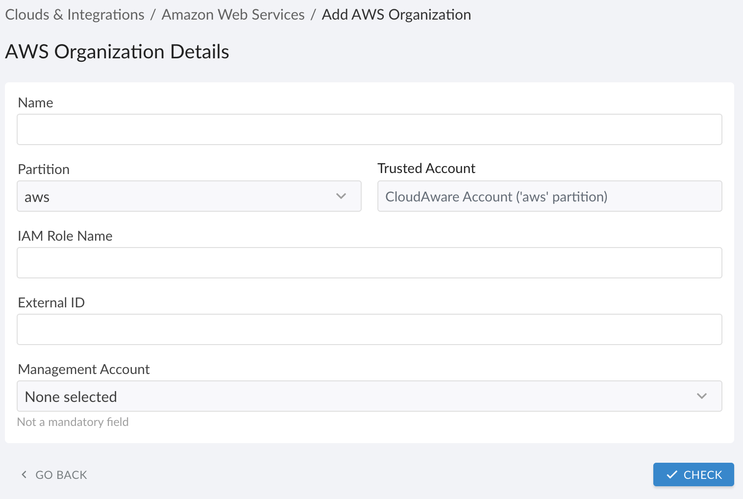 AWS Organizations - setup in Cloudaware - integration details.png