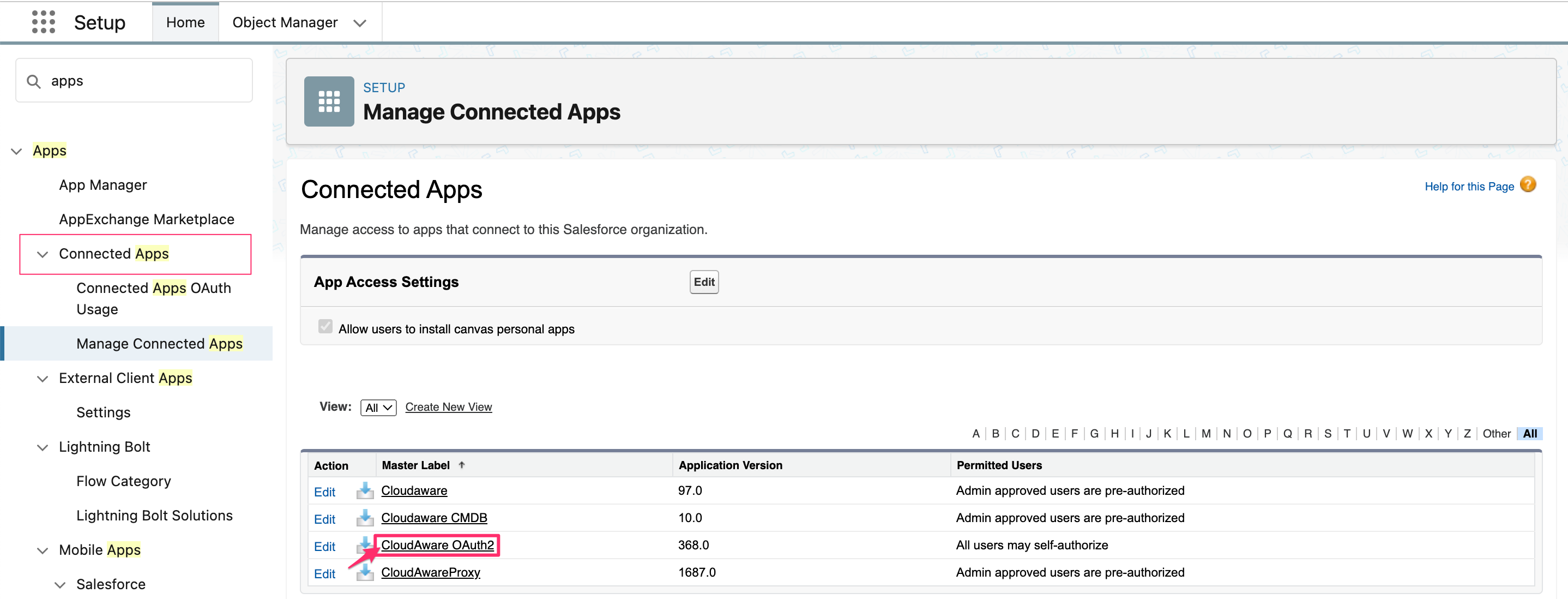Cloudaware APIs for adding cloud accounts - IP relaxation tip - oauth - connected apps - select the app.png