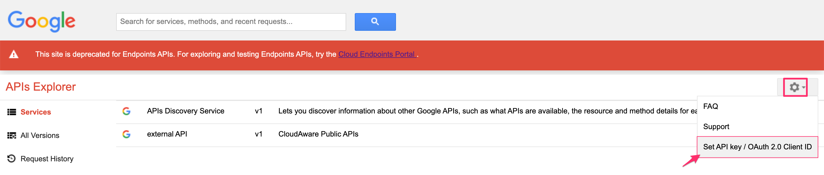 Cloudaware REST API - set up a request in APIs Explorer - select Set API key OAuth 2.0 Client ID.png