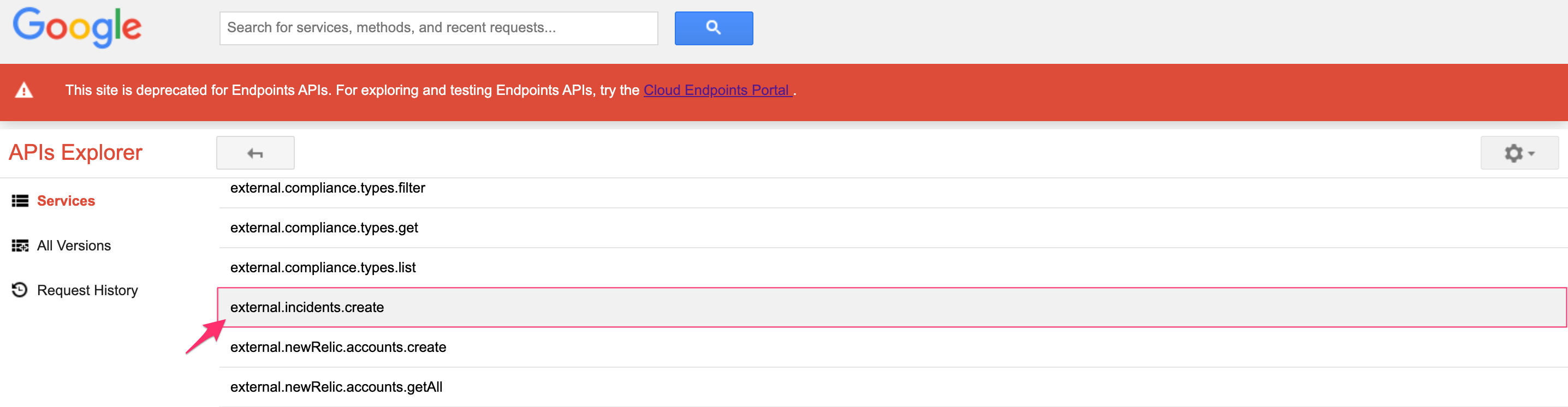 Generic webhook for incidents - set up a request in APIs Explorer - select External API for incidents.png