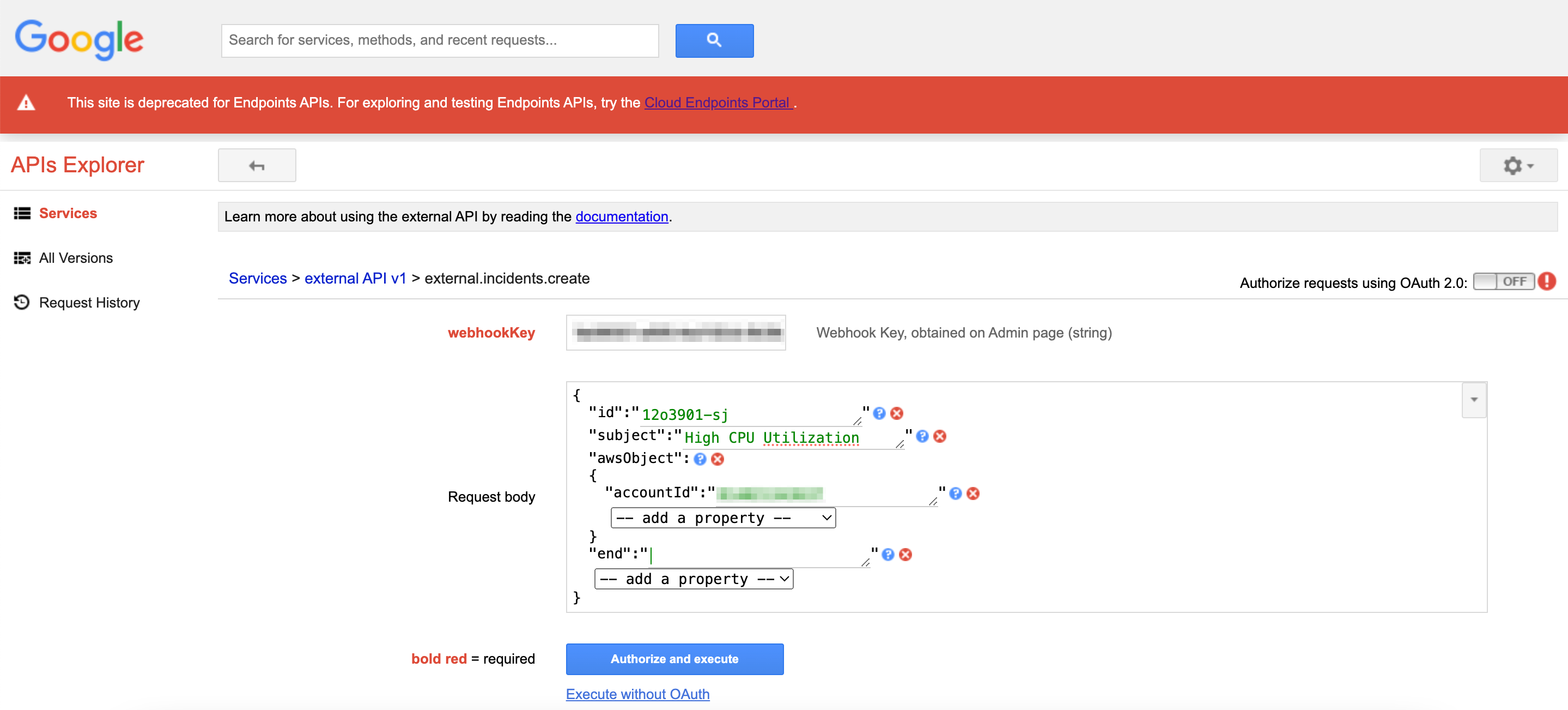 Generic webhook for incidents - set up a request in APIs Explorer - set fields in a body.png