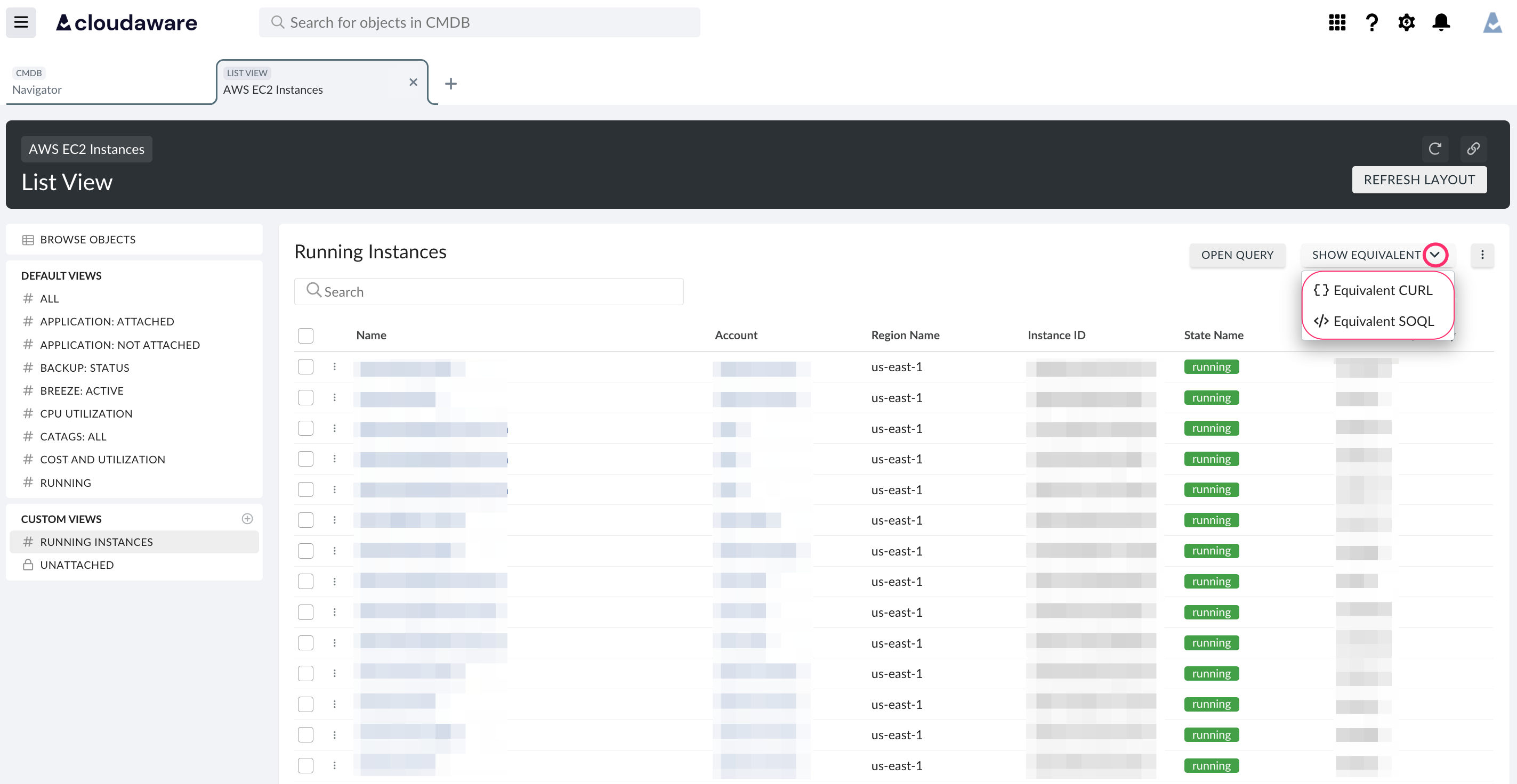 CMDB - Export data from list view - Show equivalent.png