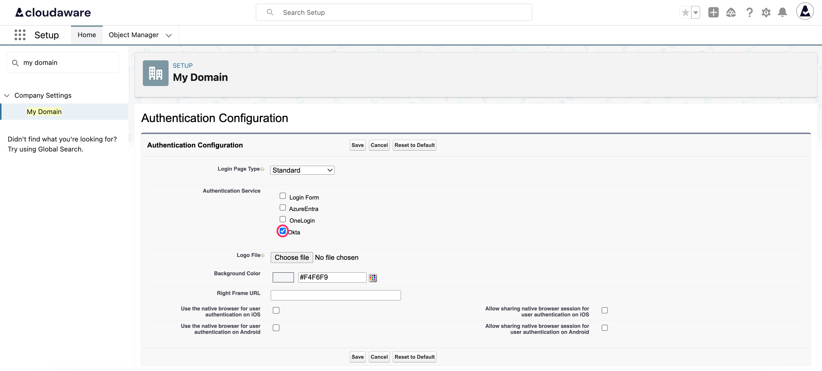 Okta SSO - setup in Cloudaware - My domain - Authentication Configuration.png