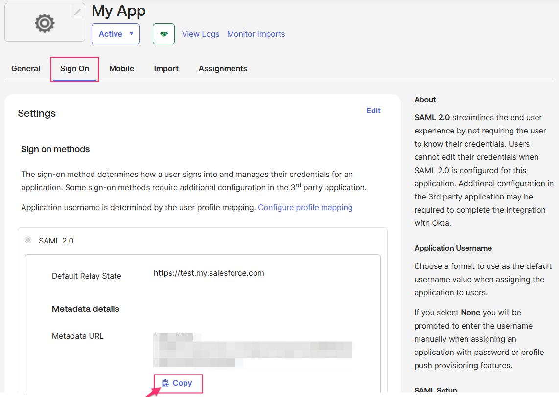 Okta SSO - setup in Okta - save Metadata URL.png