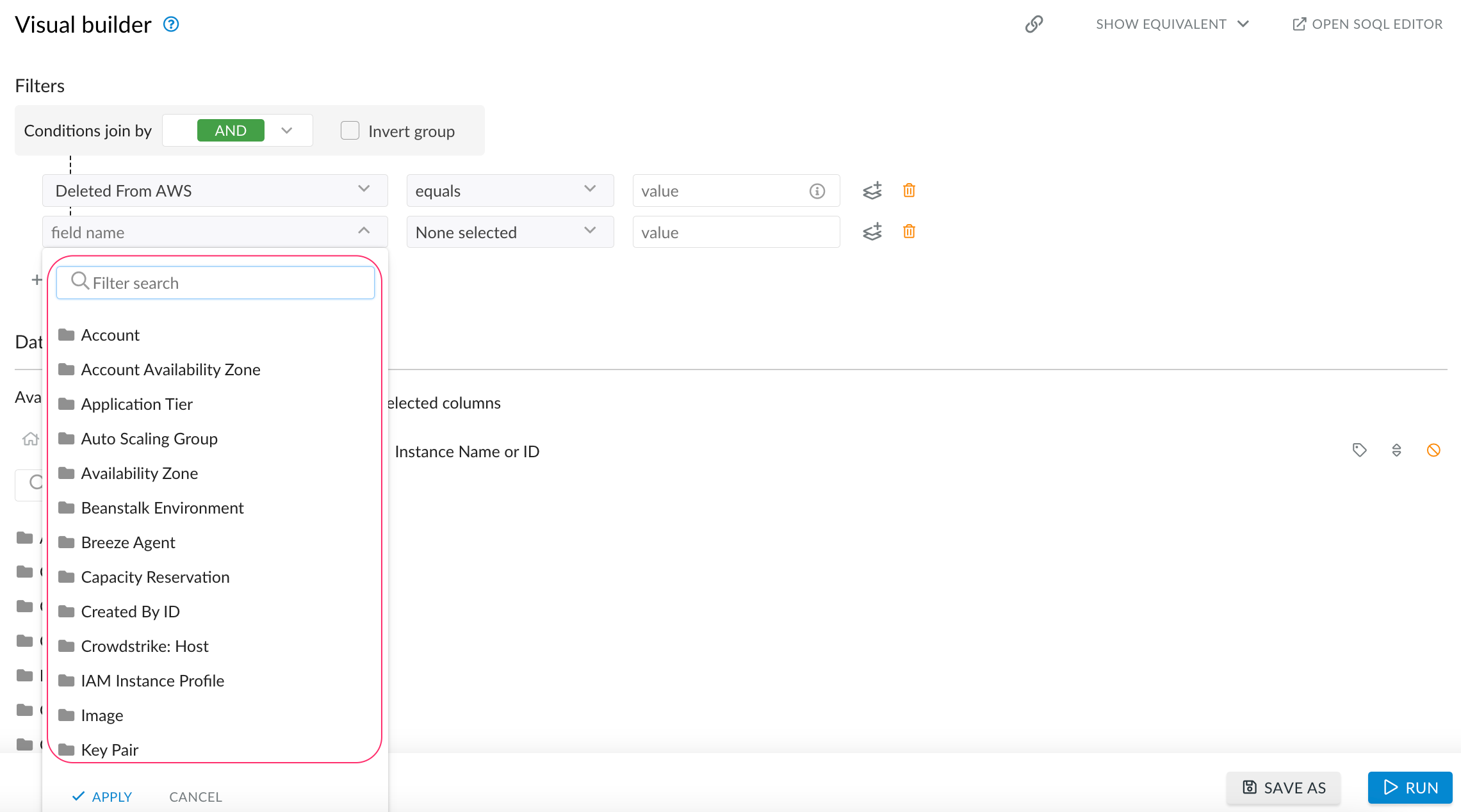 CMDB - Create list views - filter criteria - select a field 2.png