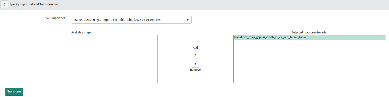 Cloudaware CMDB data import to ServiceNow using Google BQ - specify Import set and Transform map.png