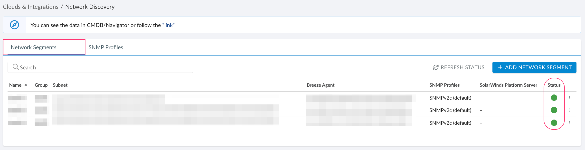 Network Discovery - Network Discovery integration details - Network Segment - integration status.png