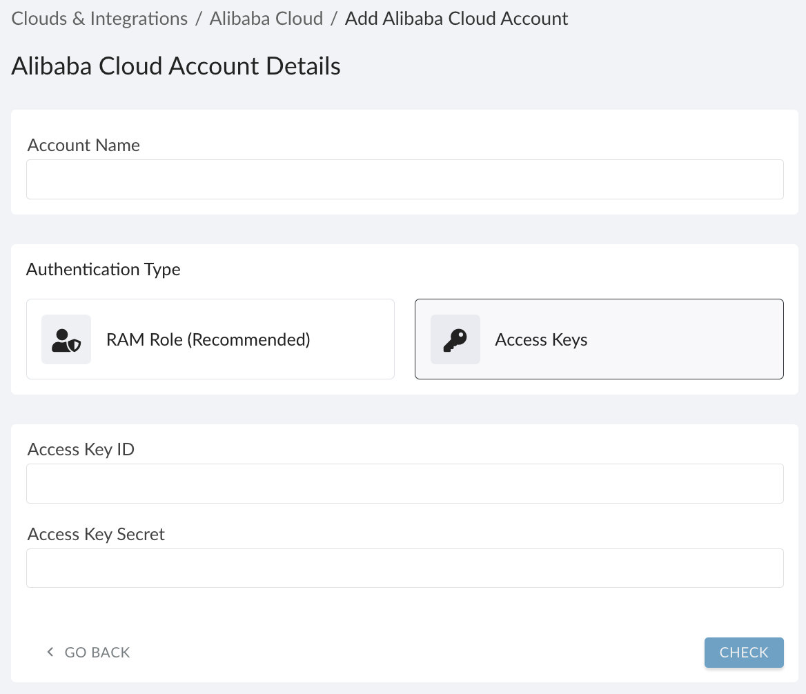 Alibaba Cloud - using Access keys - the integration form.png .png