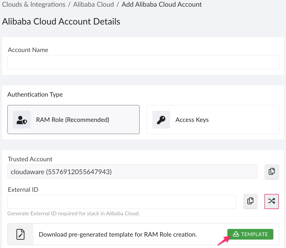 Alibaba Cloud - using RAM role - the integration form.png