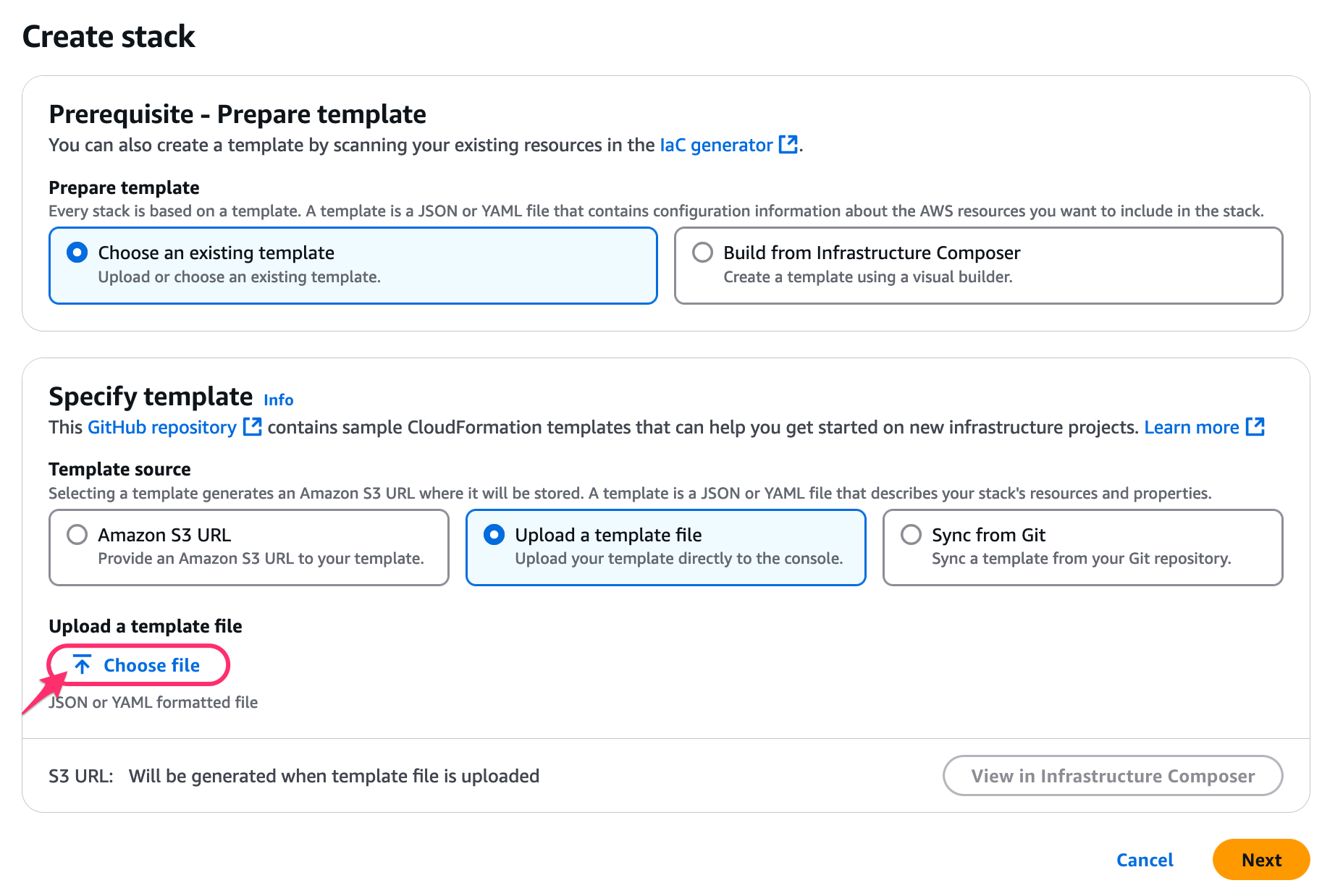 AWS Start Guide - using IAM role - AWS console - upload a template file.png