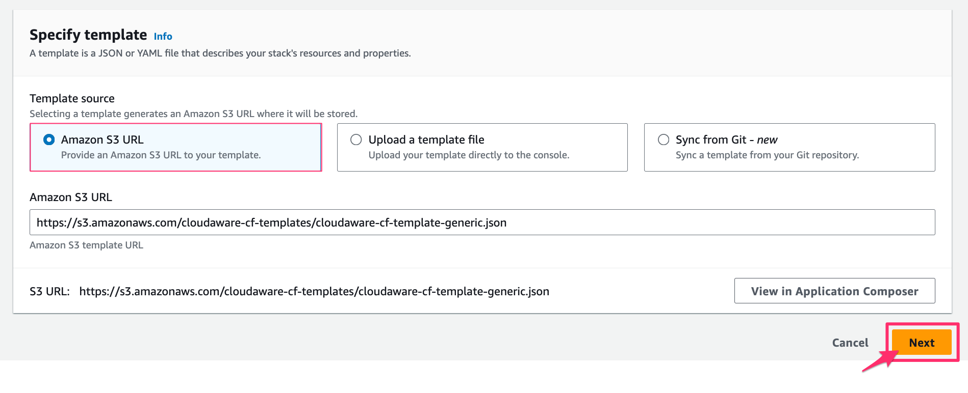 aws start guide - using iam role - aws console - s3 url populated.png