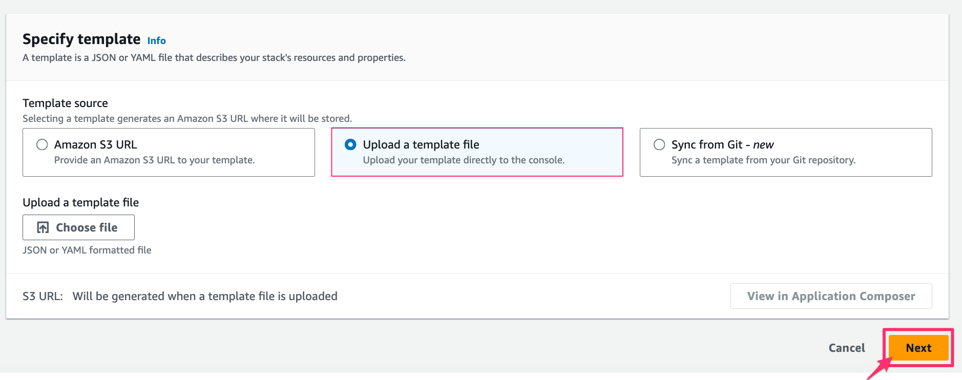 aws start guide - using iam role - aws console - upload a template file.png