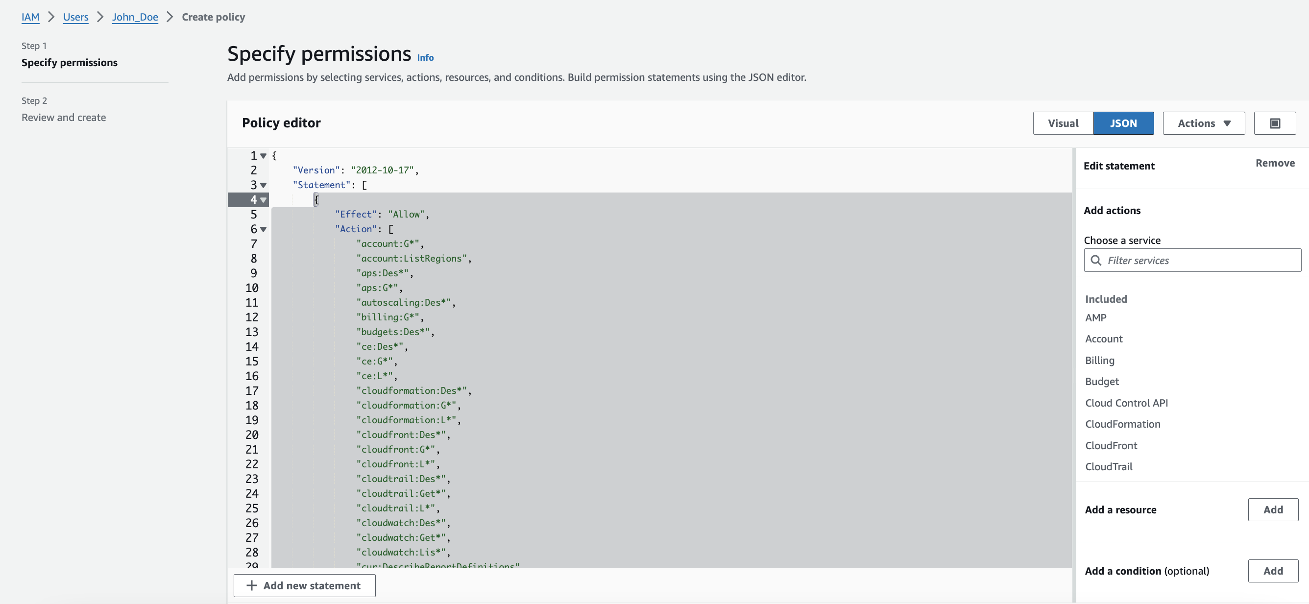 AWS Start Guide - using access & secret keys - AWS console - paste the collector policy.png