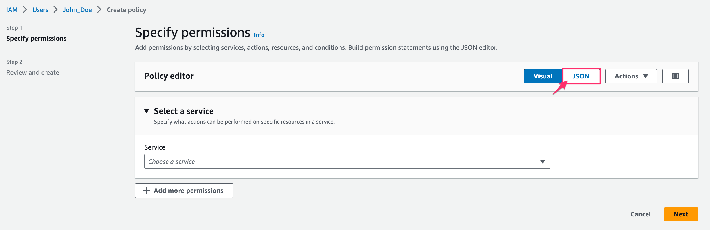 AWS Start Guide - using access & secret keys - AWS console - specify permissions - JSON.png
