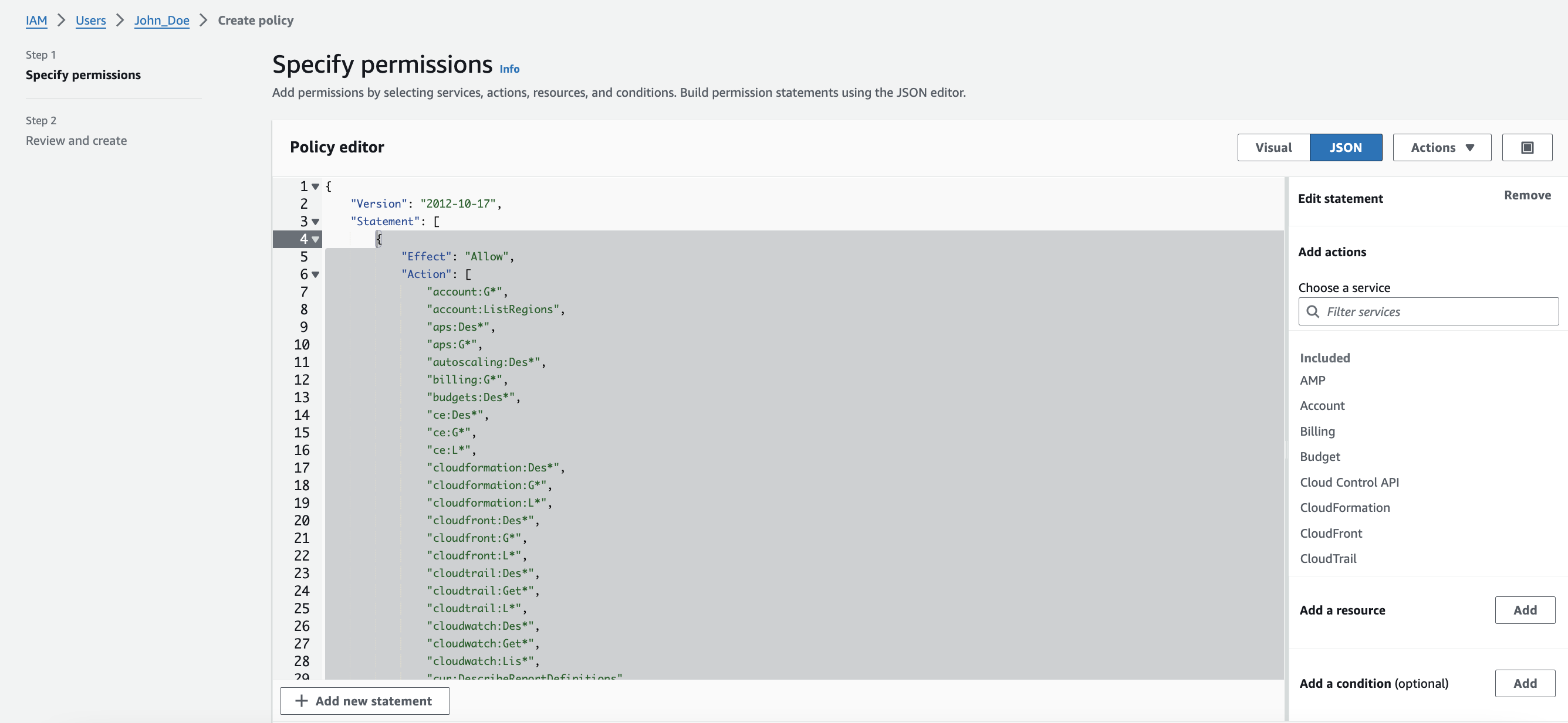 aws start guide - using access and secret keys - paste the collector policy.png