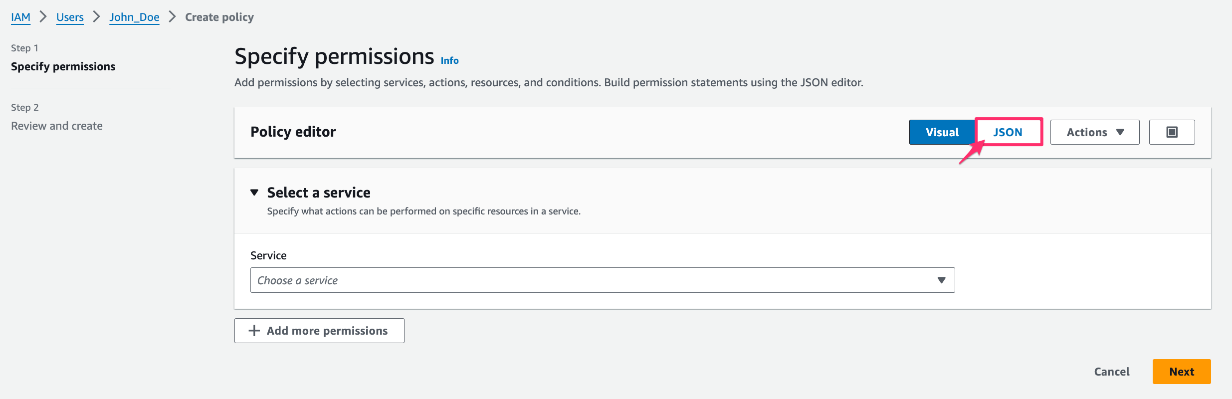 aws start guide - using access and secret keys - specify permissions - json.png