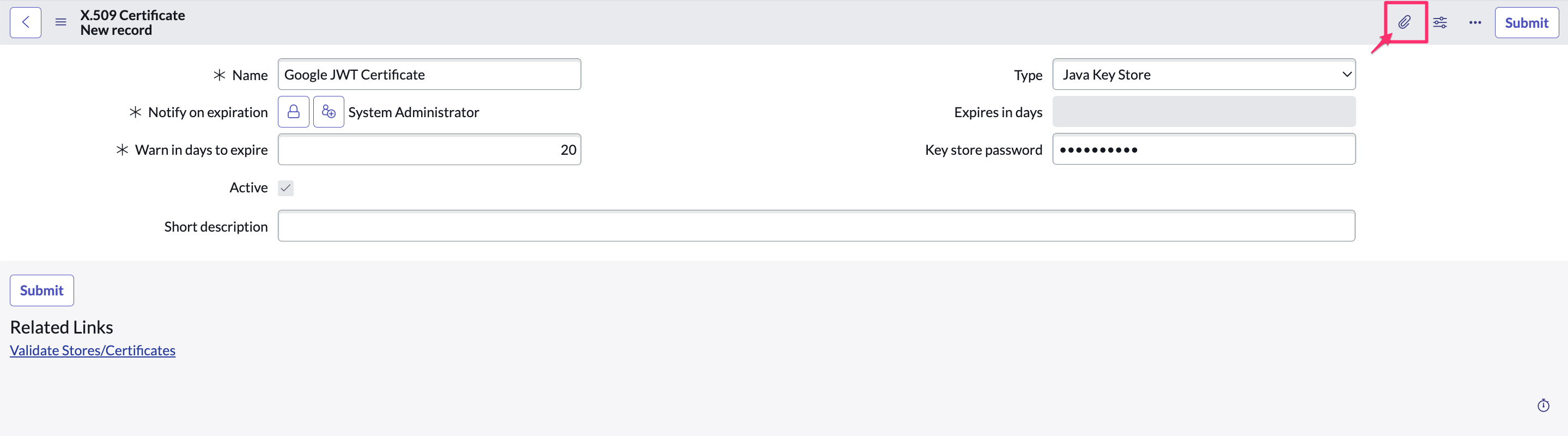 Cloudaware app in ServiceNow - SNow-to-Google - JWT certificate - attach file.png