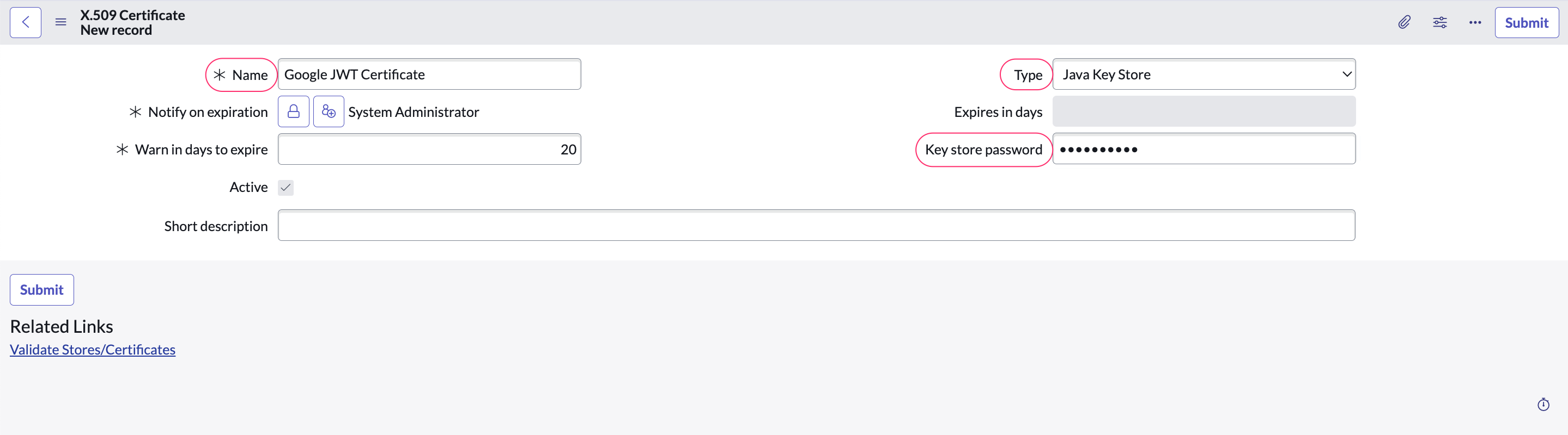 Cloudaware app in ServiceNow - SNow-to-Google - JWT certificate details.png