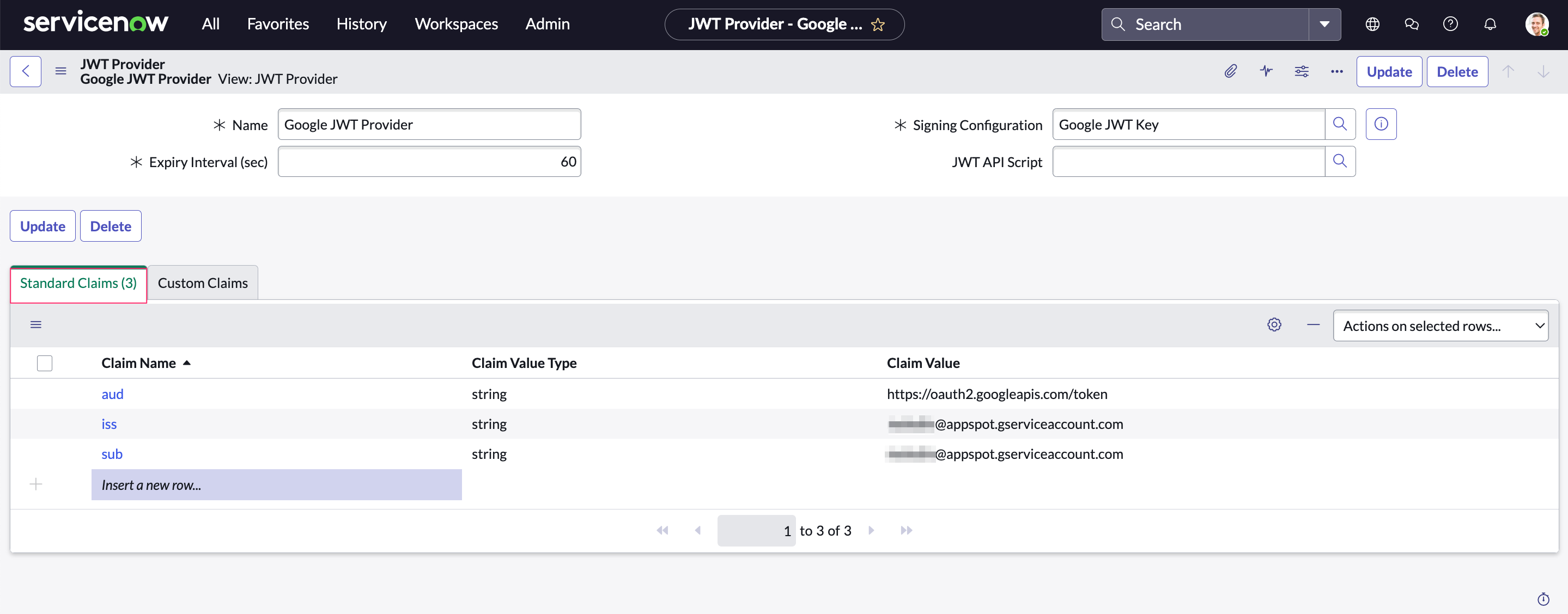 Cloudaware app in ServiceNow - SNow-to-Google - JWT provider - standard claims.png