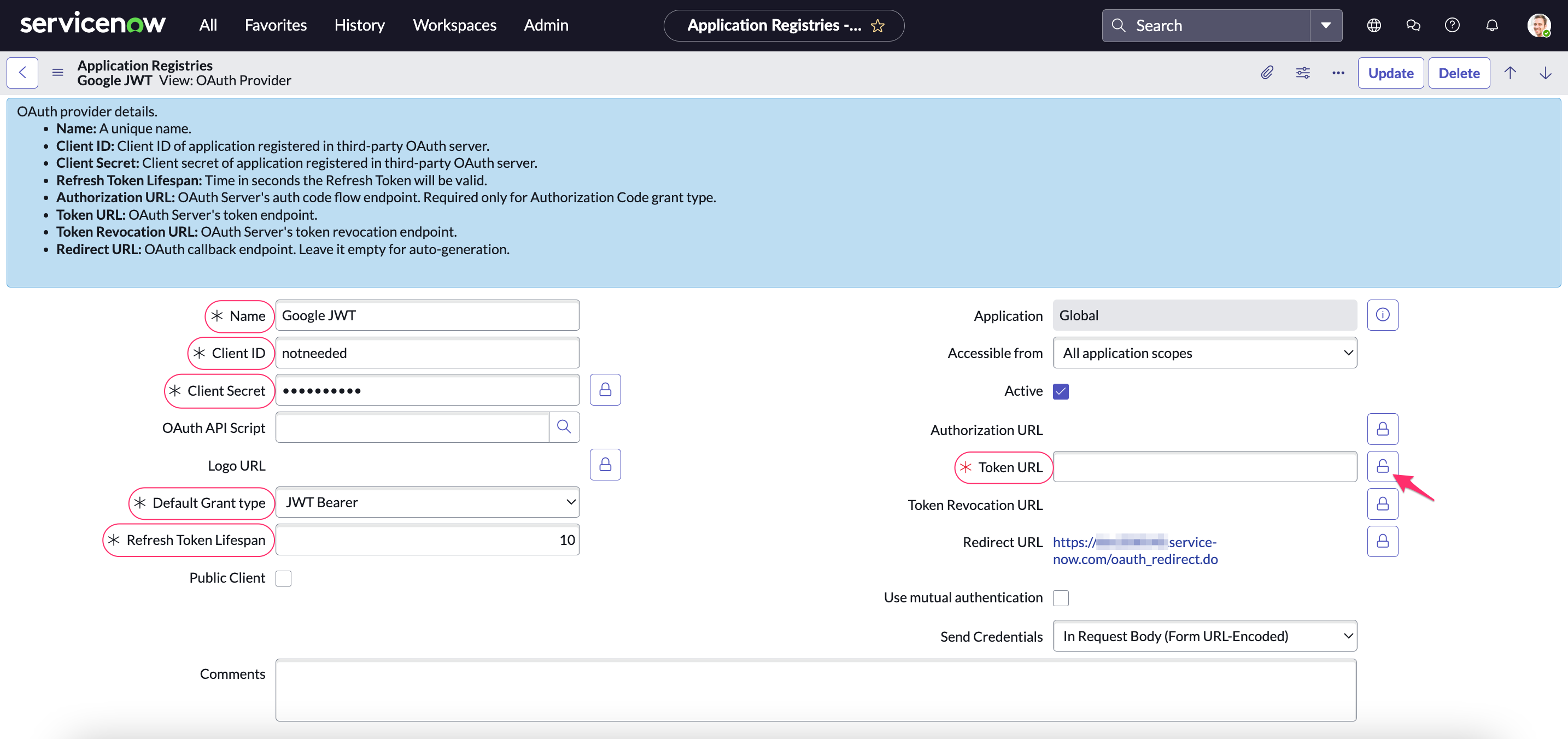 Cloudaware app in ServiceNow - SNow-to-Google - application registry details.png