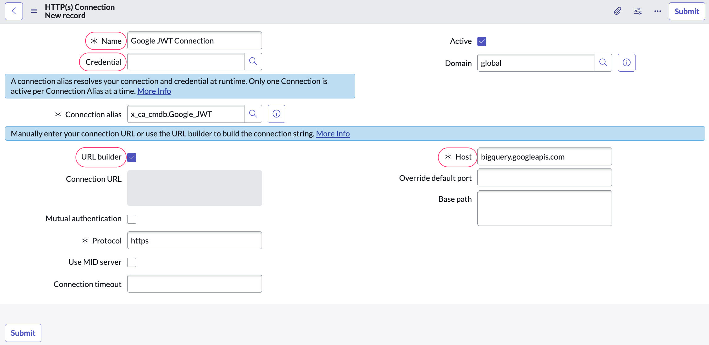 Cloudaware app in ServiceNow - SNow-to-Google - connections - https connection details.png