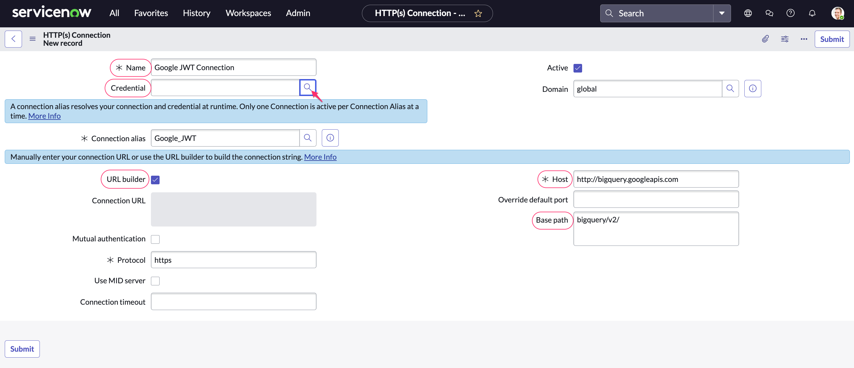 Cloudaware app in ServiceNow - SNow-to-Google - connections - https connection details.png