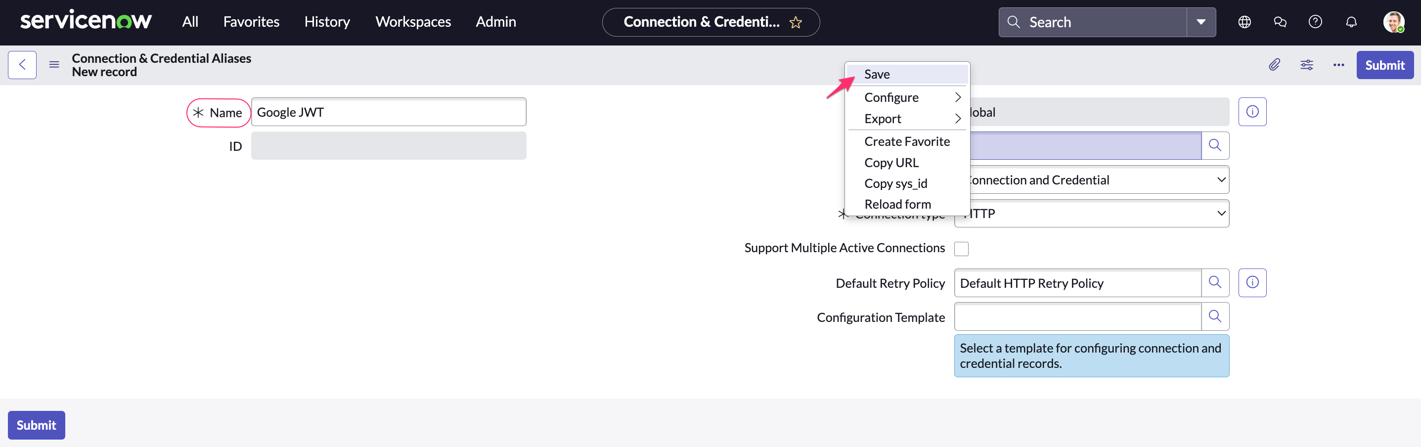 Cloudaware app in ServiceNow - SNow-to-Google - connections - save aliases.png