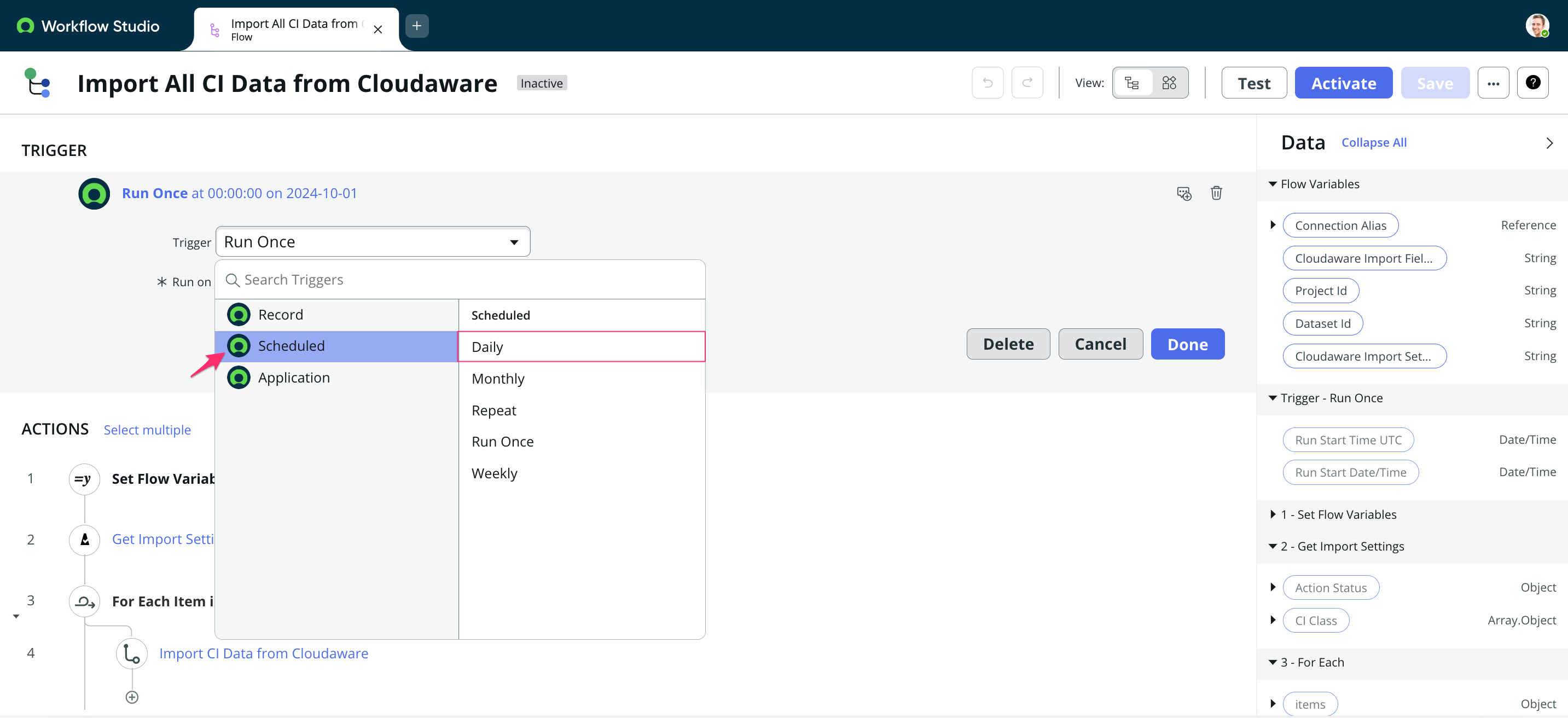 Cloudaware app in ServiceNow - configure the workflow - schedule a trigger 1.png