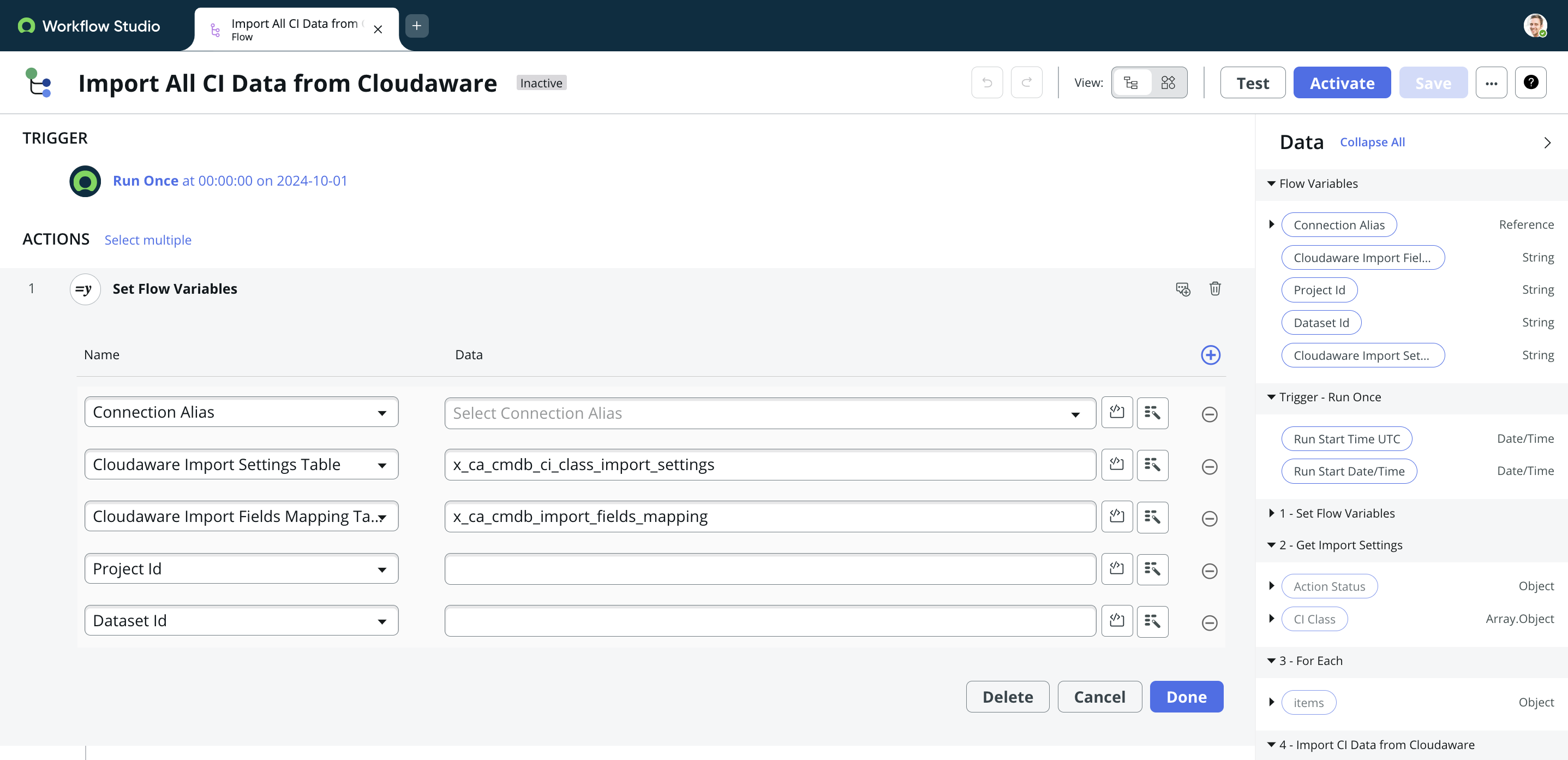 Cloudaware app in ServiceNow - configure the workflow - set flow variables.png