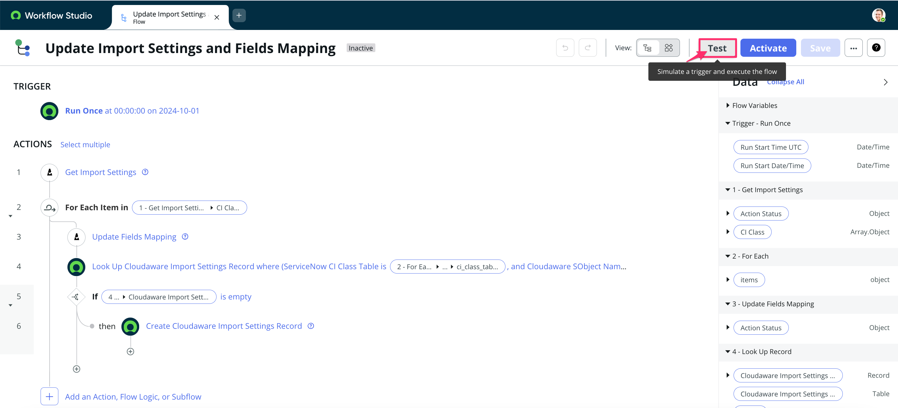 Cloudaware app in ServiceNow - configure the workflow - test run.png