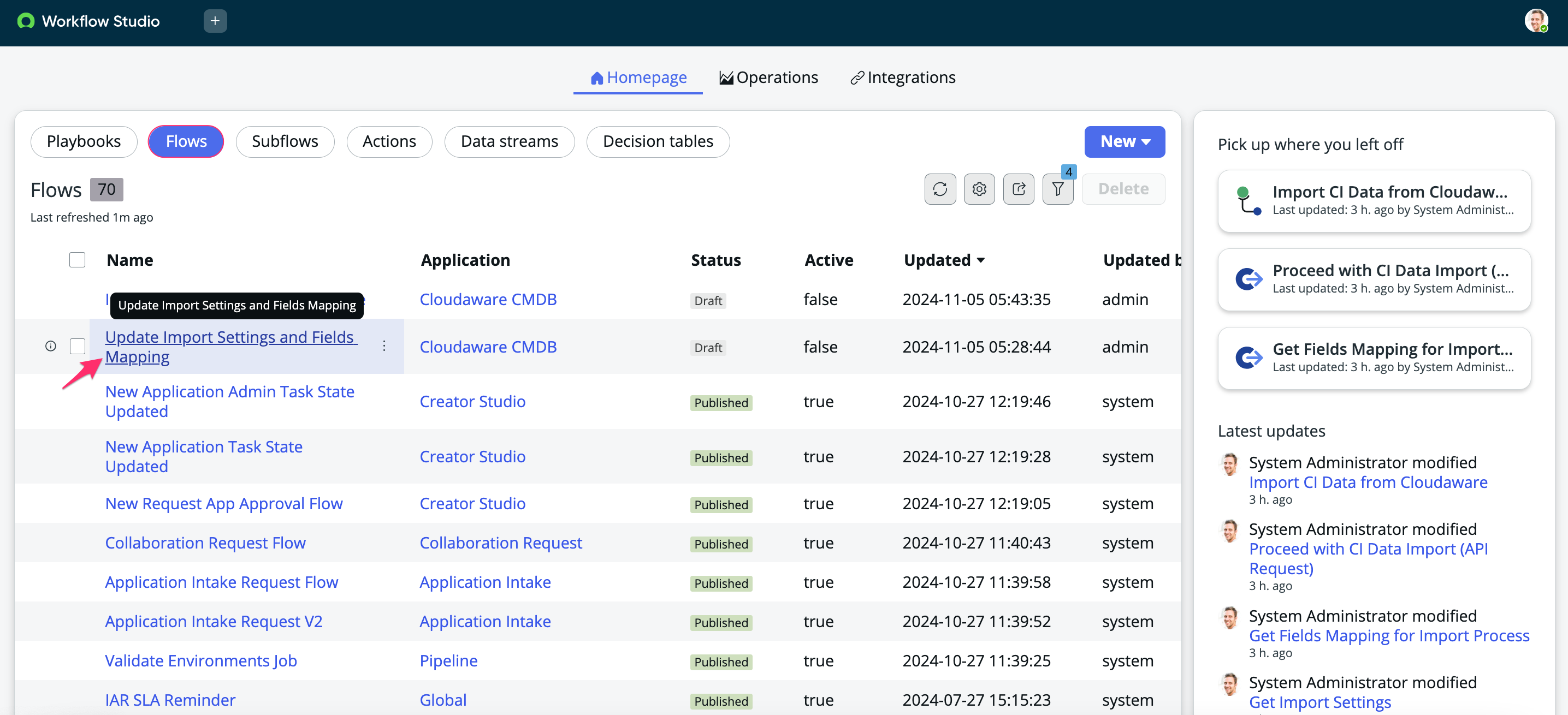 Cloudaware app in ServiceNow - configure the workflow - update import settings and fields mapping (flow).png