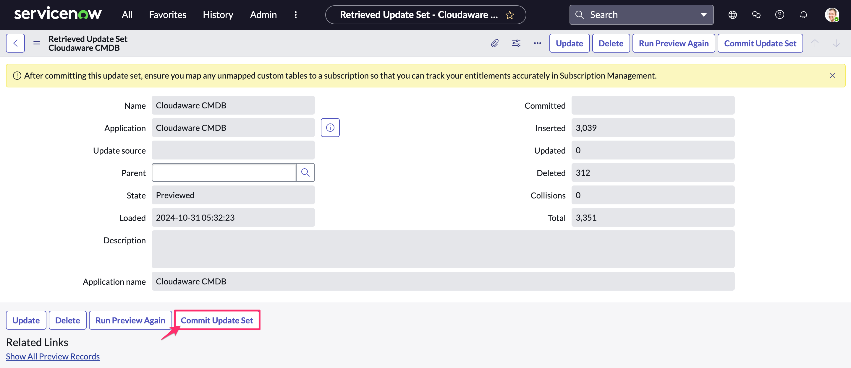 Cloudaware app in ServiceNow - install the app - commit update set.png