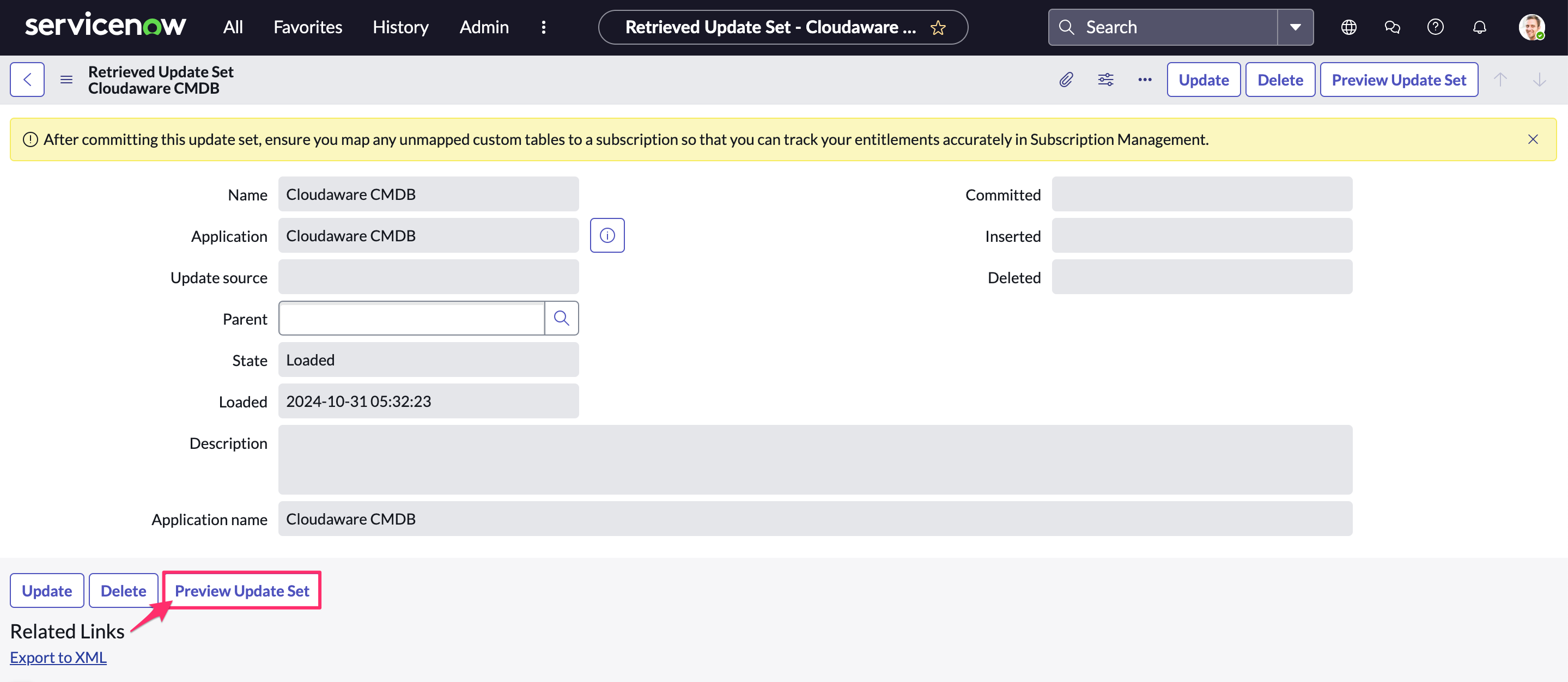 Cloudaware app in ServiceNow - install the app - preview update set.png