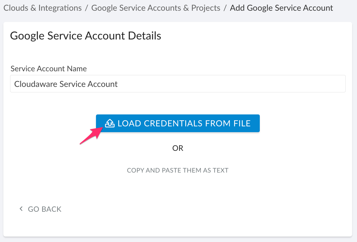 GCP start guide - setup in Cloudaware  - add service account key .png