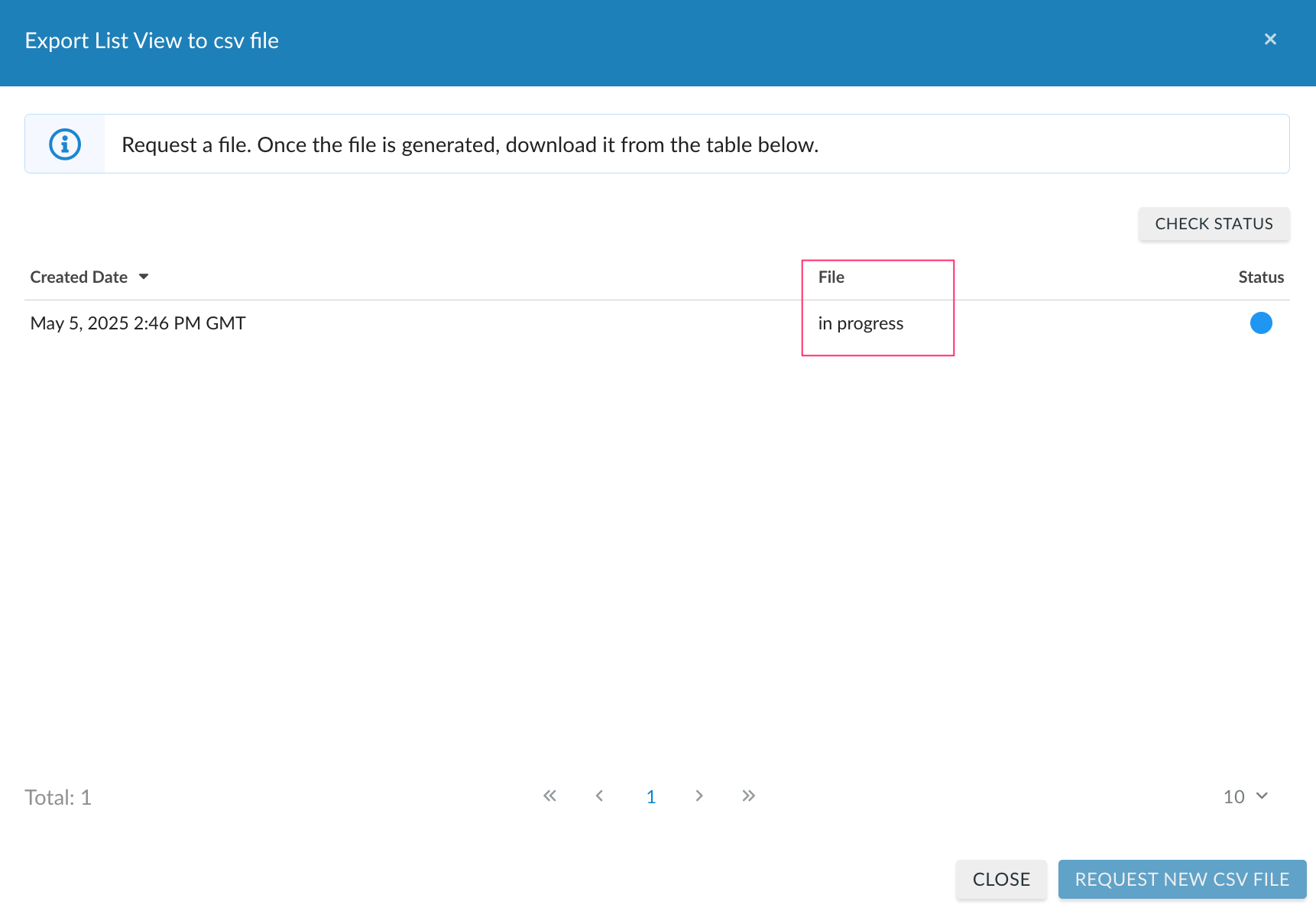 CMDB - Export list views from CMDB - the file generation in progress.png