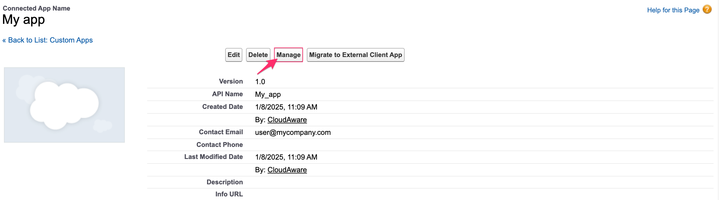 CMDB - Connected App - the new app - click Manage.png