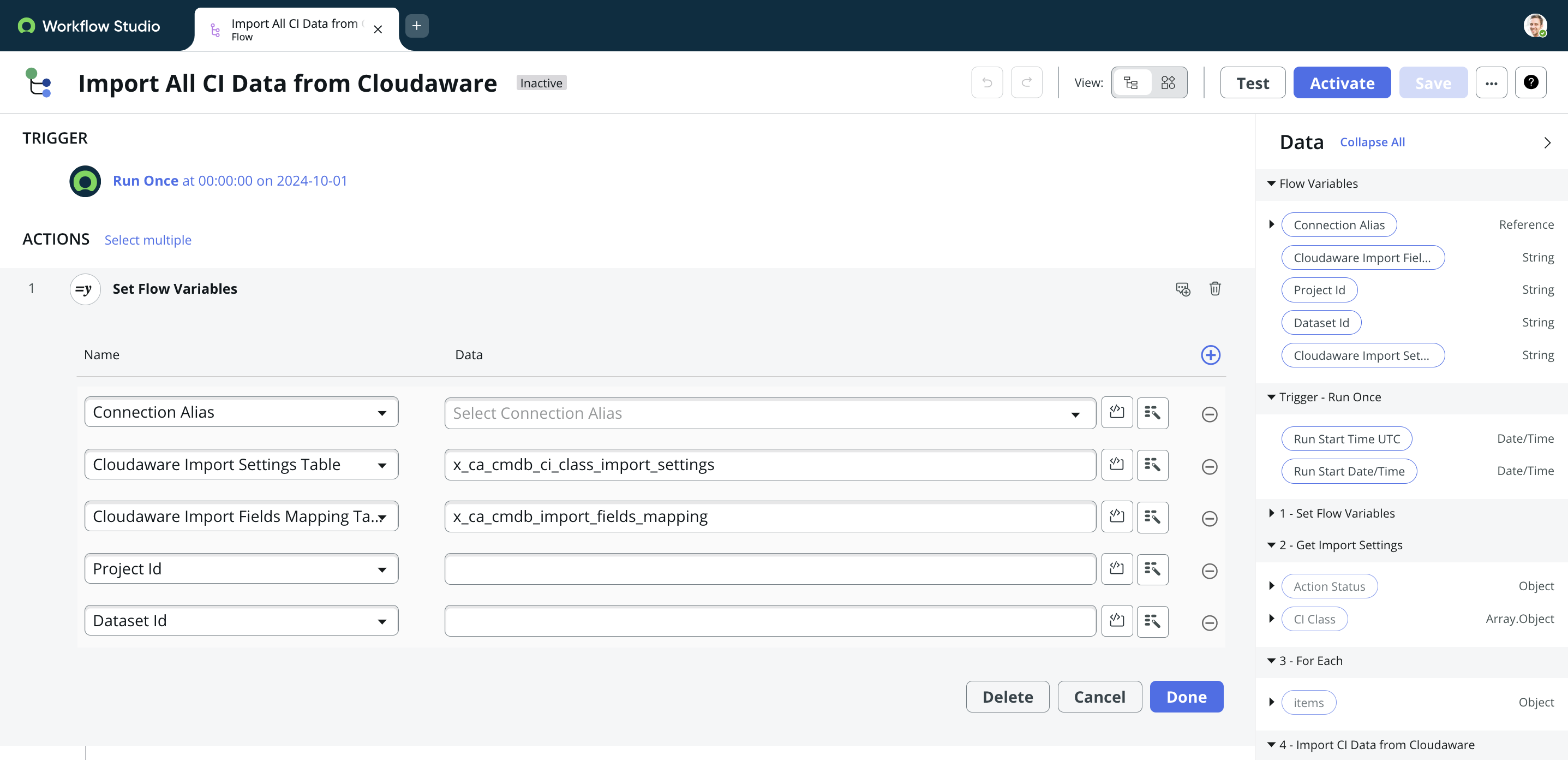 Cloudaware CMDB App for ServiceNow - configure the workflow - set flow variables.png