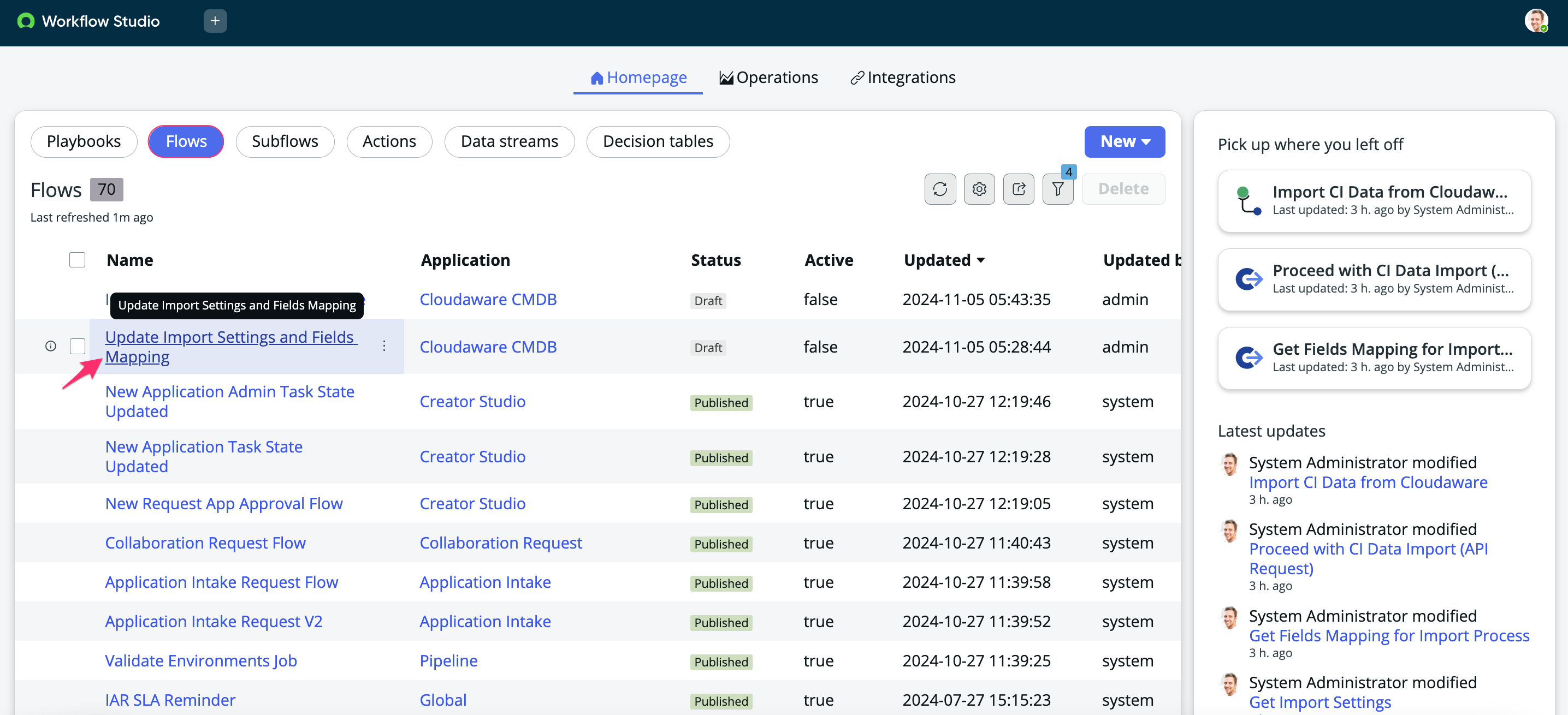 Cloudaware CMDB App for ServiceNow - configure the workflow - update import settings and fields mapping (flow).png