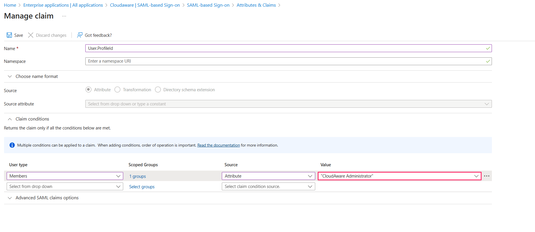 Azure Entra ID SSO - setup in Azure - additional claims - User.ProfileId - claim conditions.png