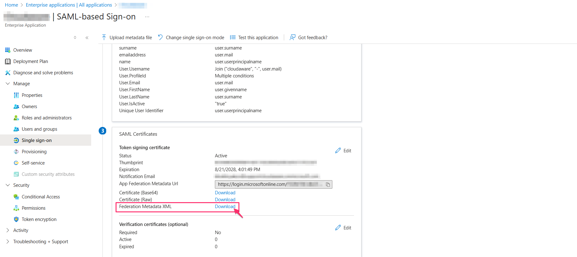 Azure Entra ID SSO - setup in Azure - download Federation Metadata XML.png