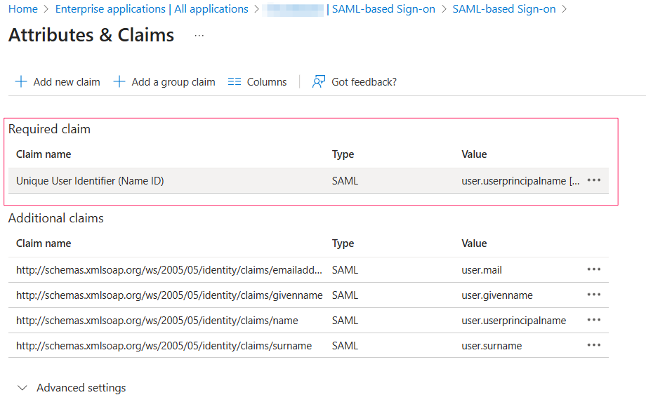 Azure Entra ID SSO - setup in Azure - required claim.png
