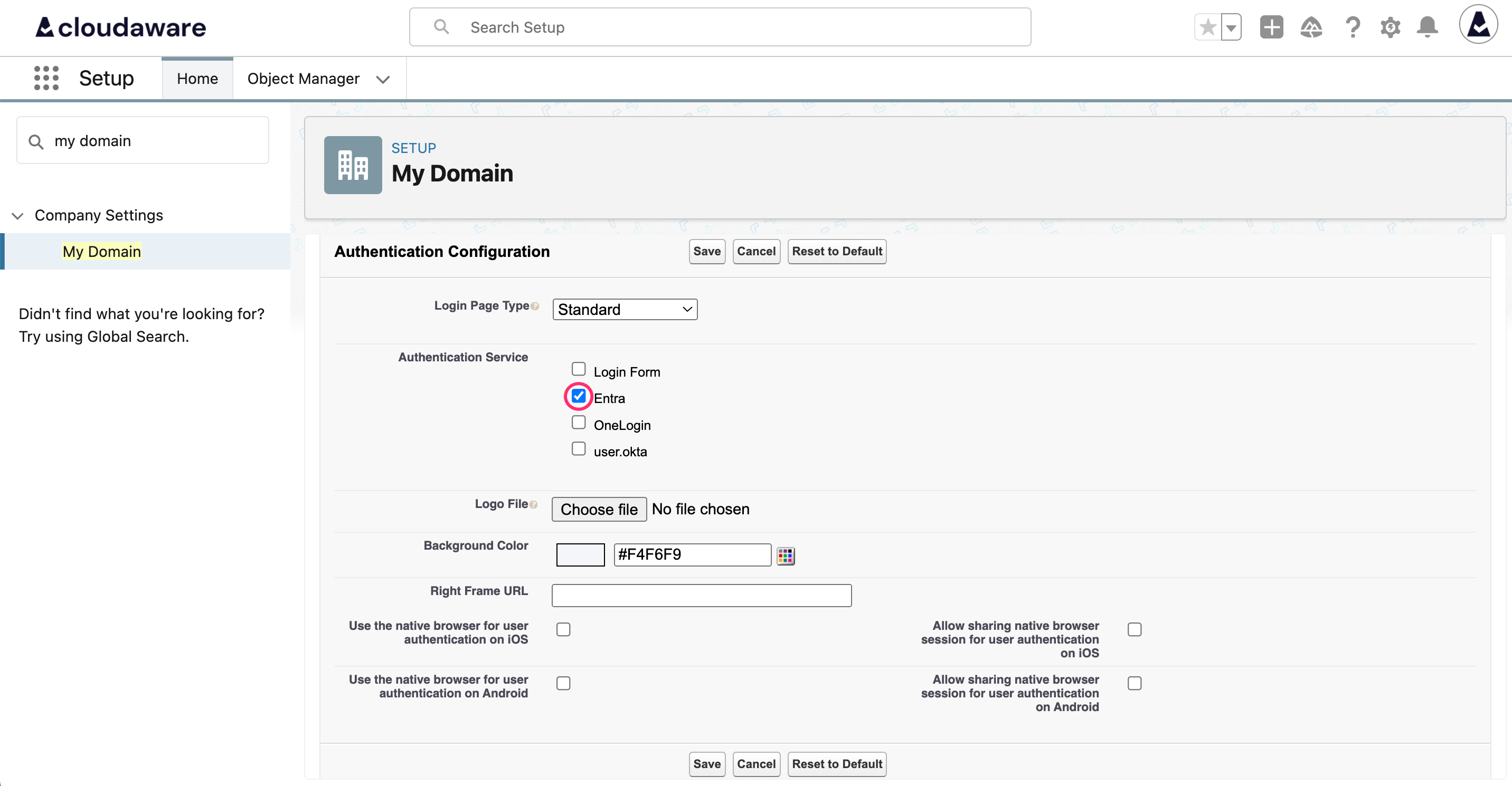 Azure Entra ID SSO - setup in Cloudaware - My domain - Authentication Configuration.png