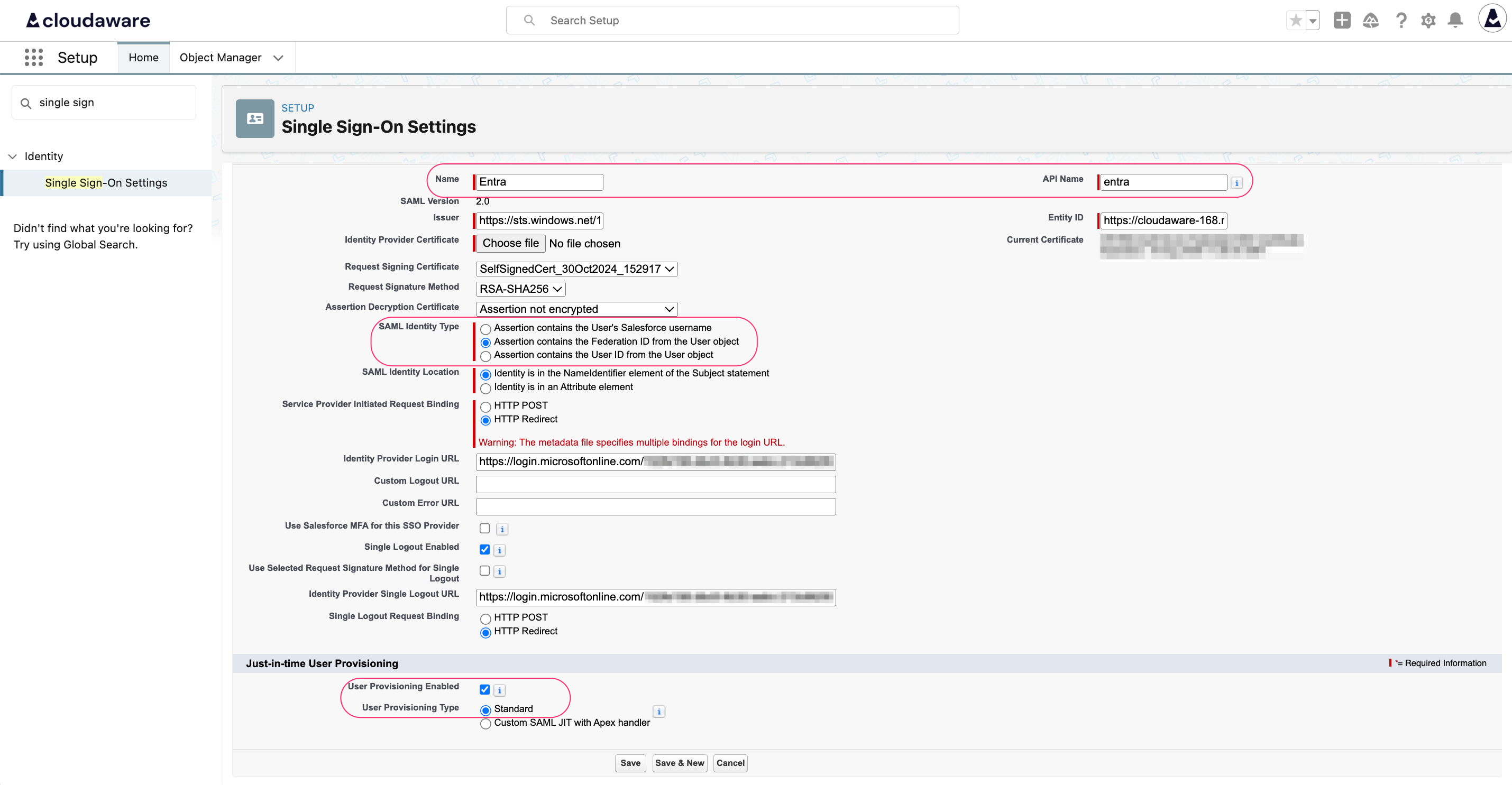 Azure Entra ID SSO - setup in Cloudaware - SAML Single Sign-On Settings.png