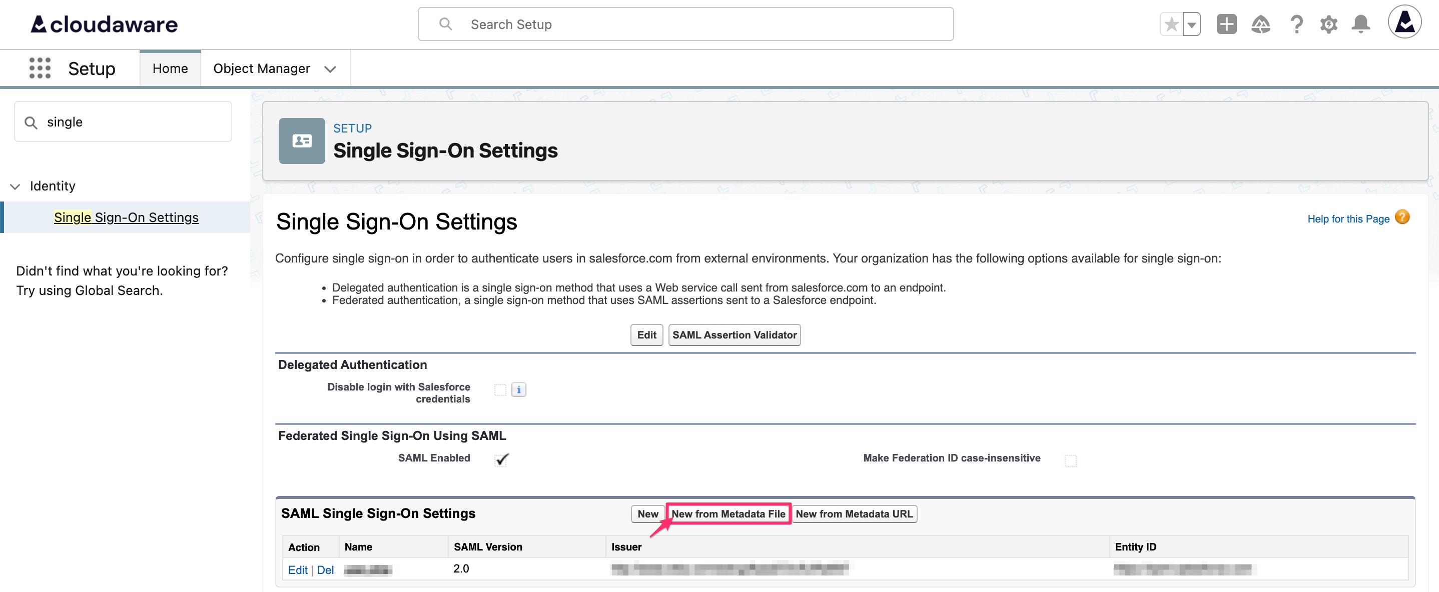 Azure Entra ID SSO - setup in Cloudaware - click New from Metadata File.png