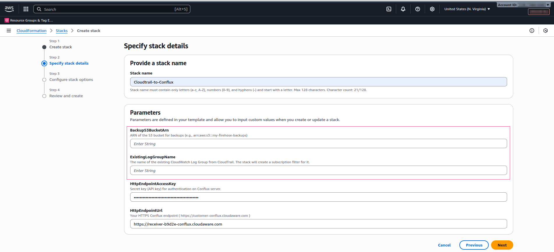 Cloud Integrations - AWS - Auto-Collection of CT Events to CMDB - stack parameters.png