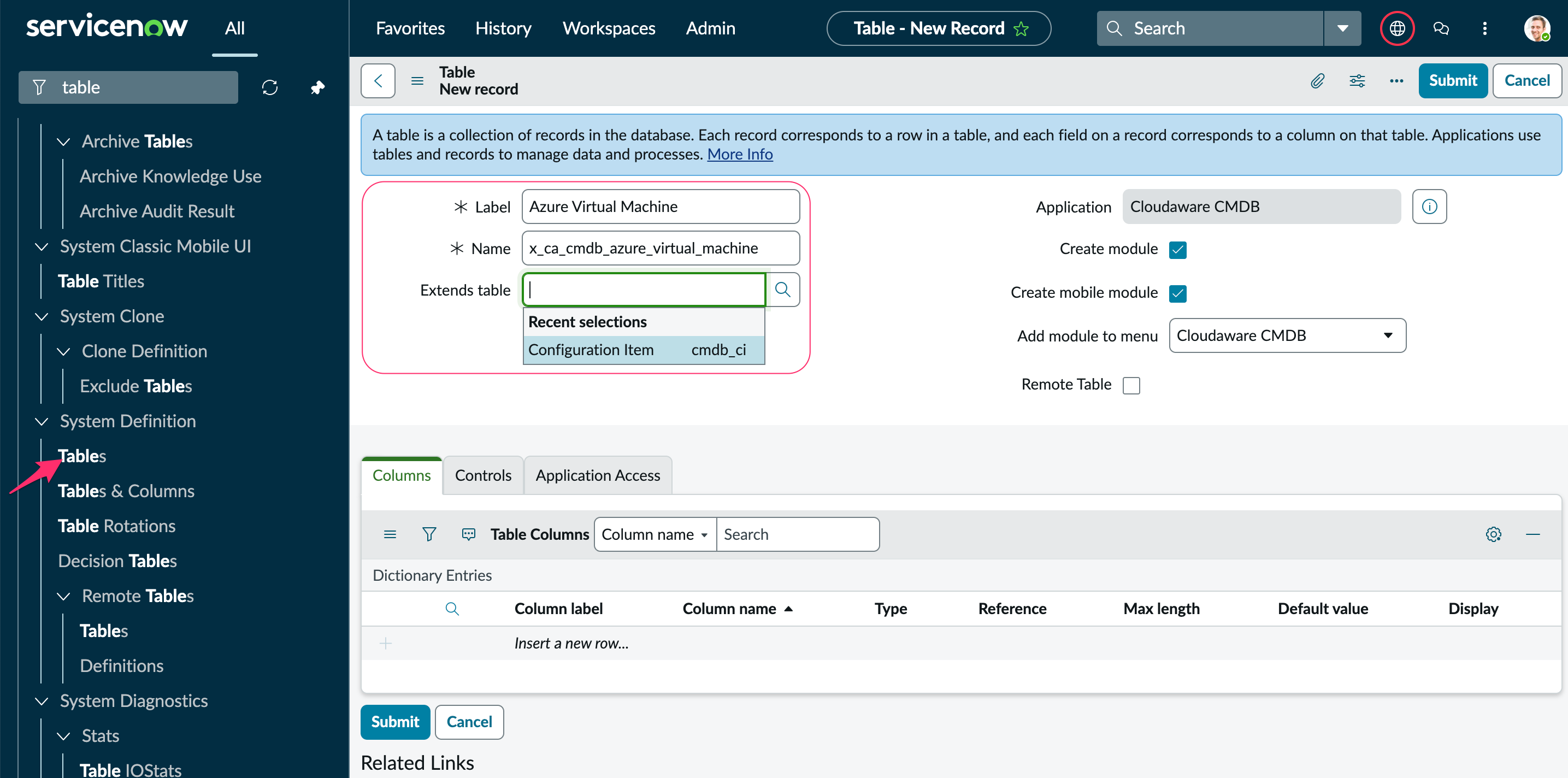 Extending Cloudaware ServiceNow App with New Data Table - create a new table.png
