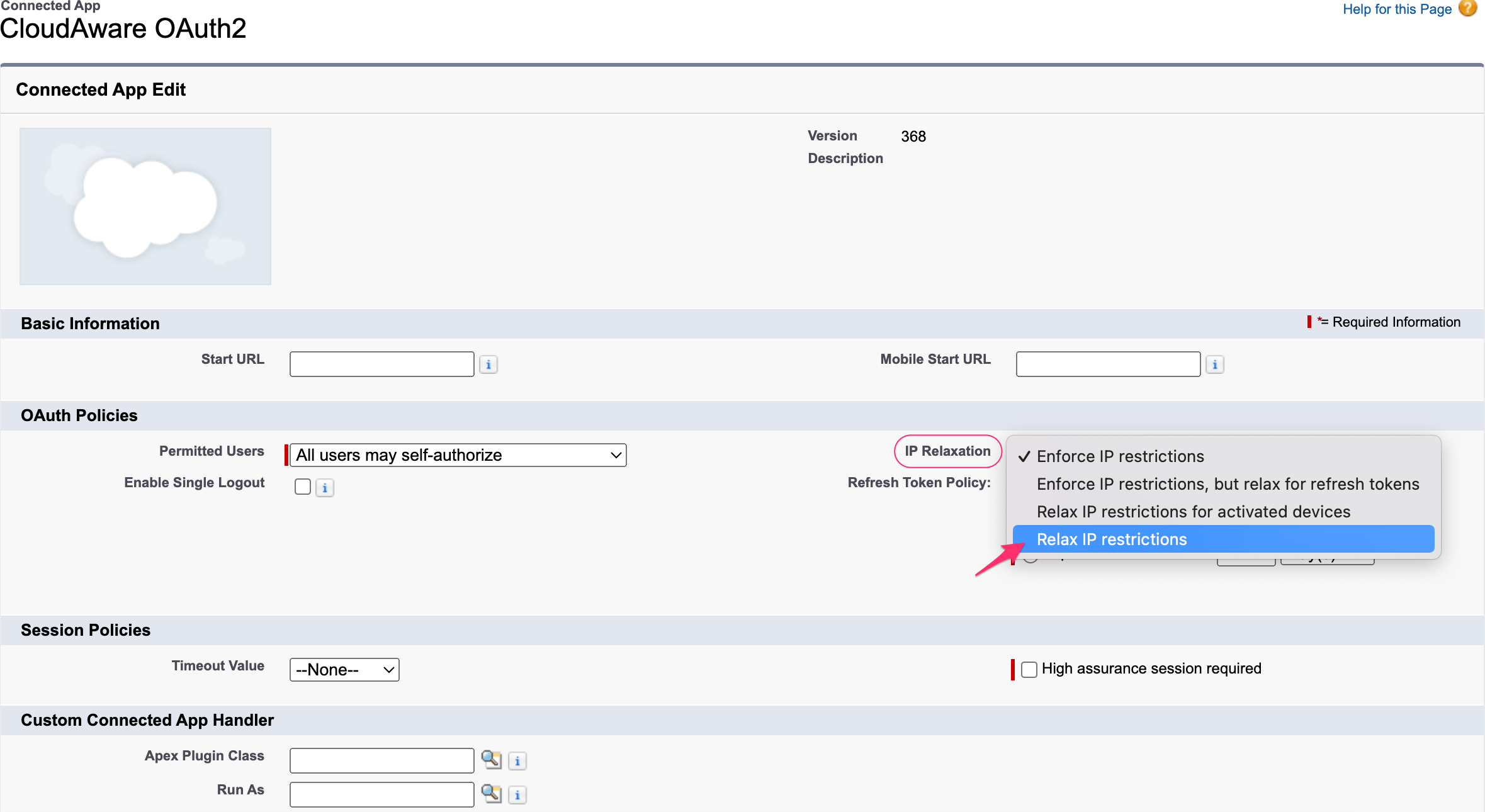 Cloudaware APIs for adding cloud accounts - IP relaxation tip - oauth - the app - relax ip restrictions.png
